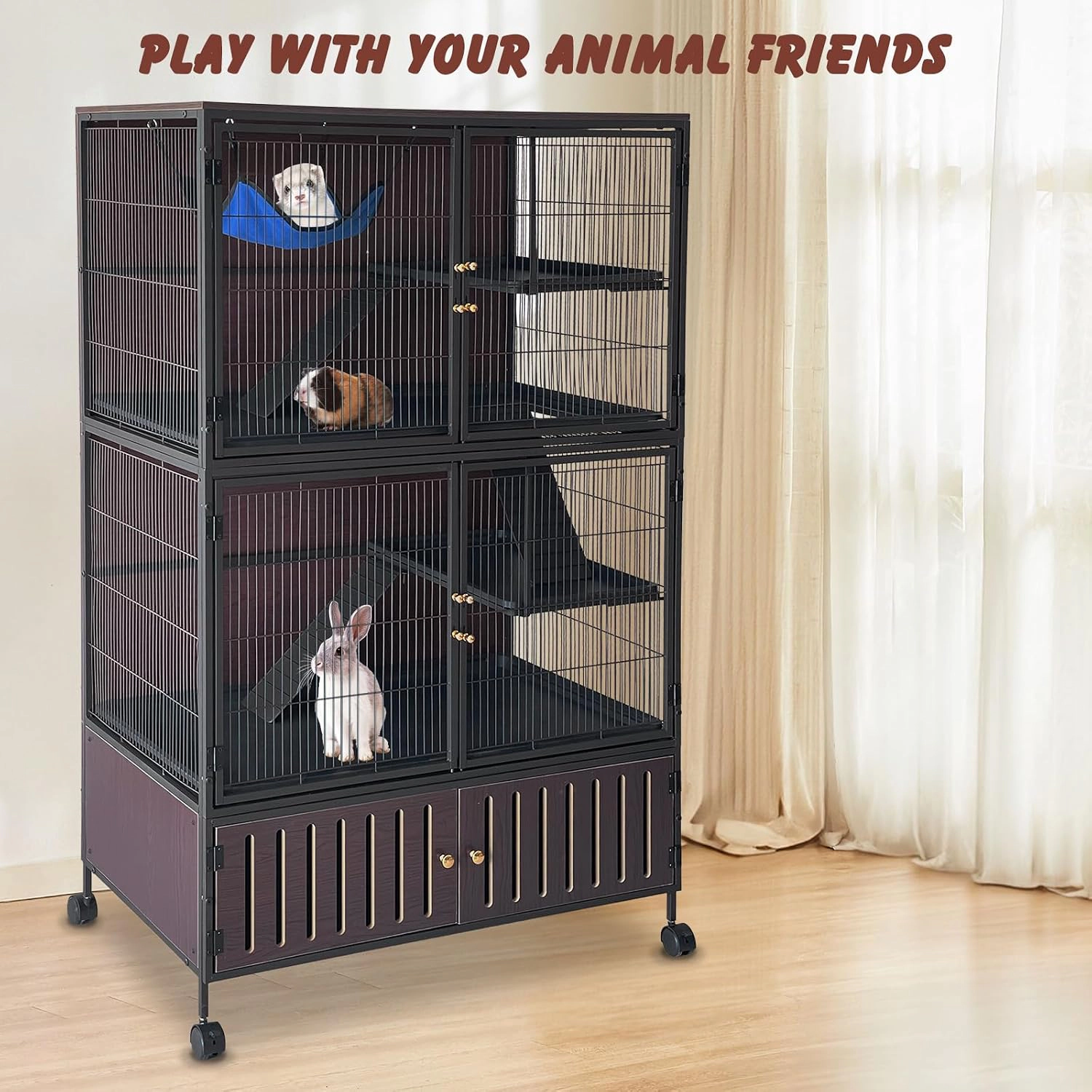 92x58.5x150cm Multi-Level Ironwood Ferret Cage, Small Animal Habitat with Full Accessories, Black