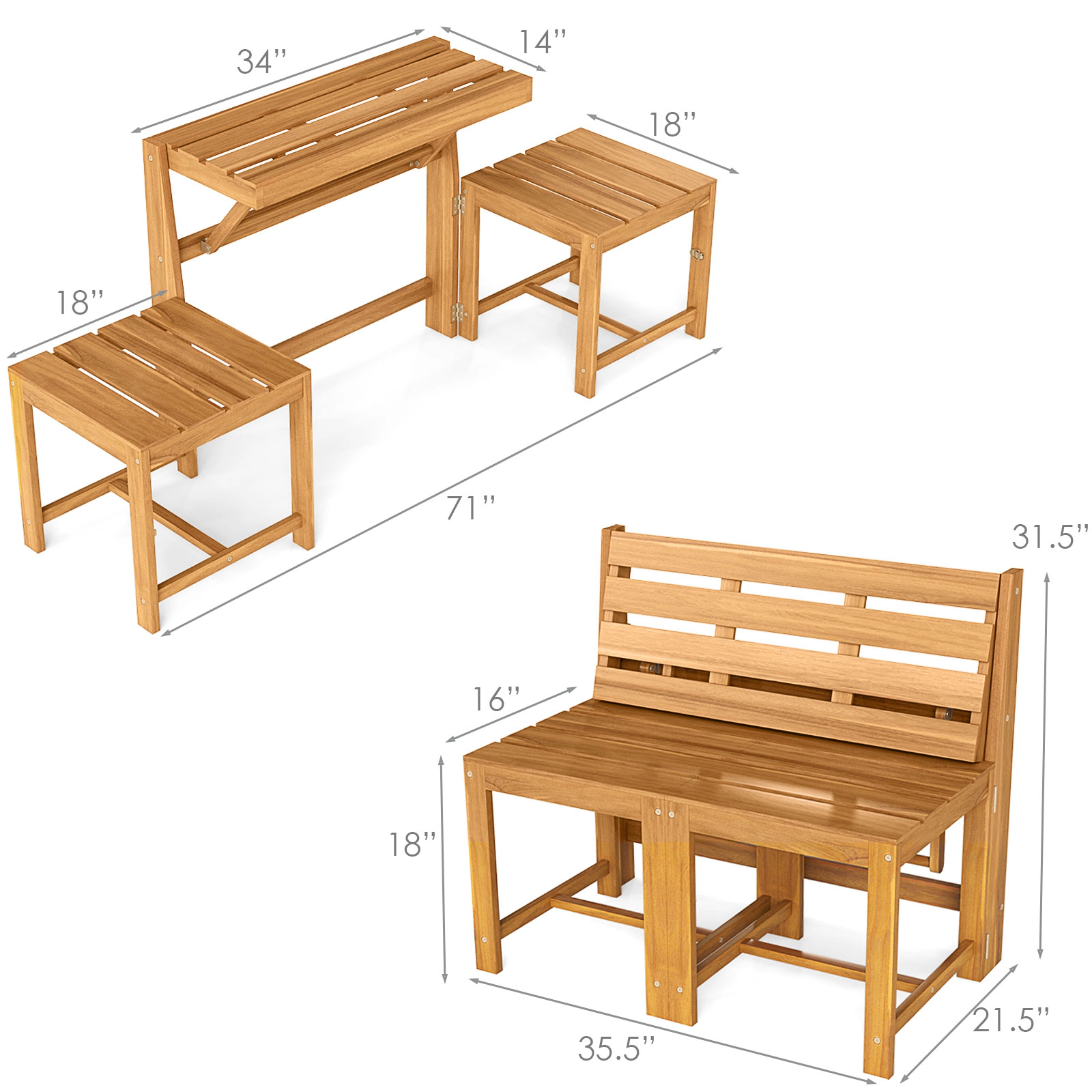 SUGIFT 3-in-1 Convertible Outdoor Loveseat Bench Slatted Seat 400-Lb Capacity per Seat 165-Lb Tabletop Capacity Natural
