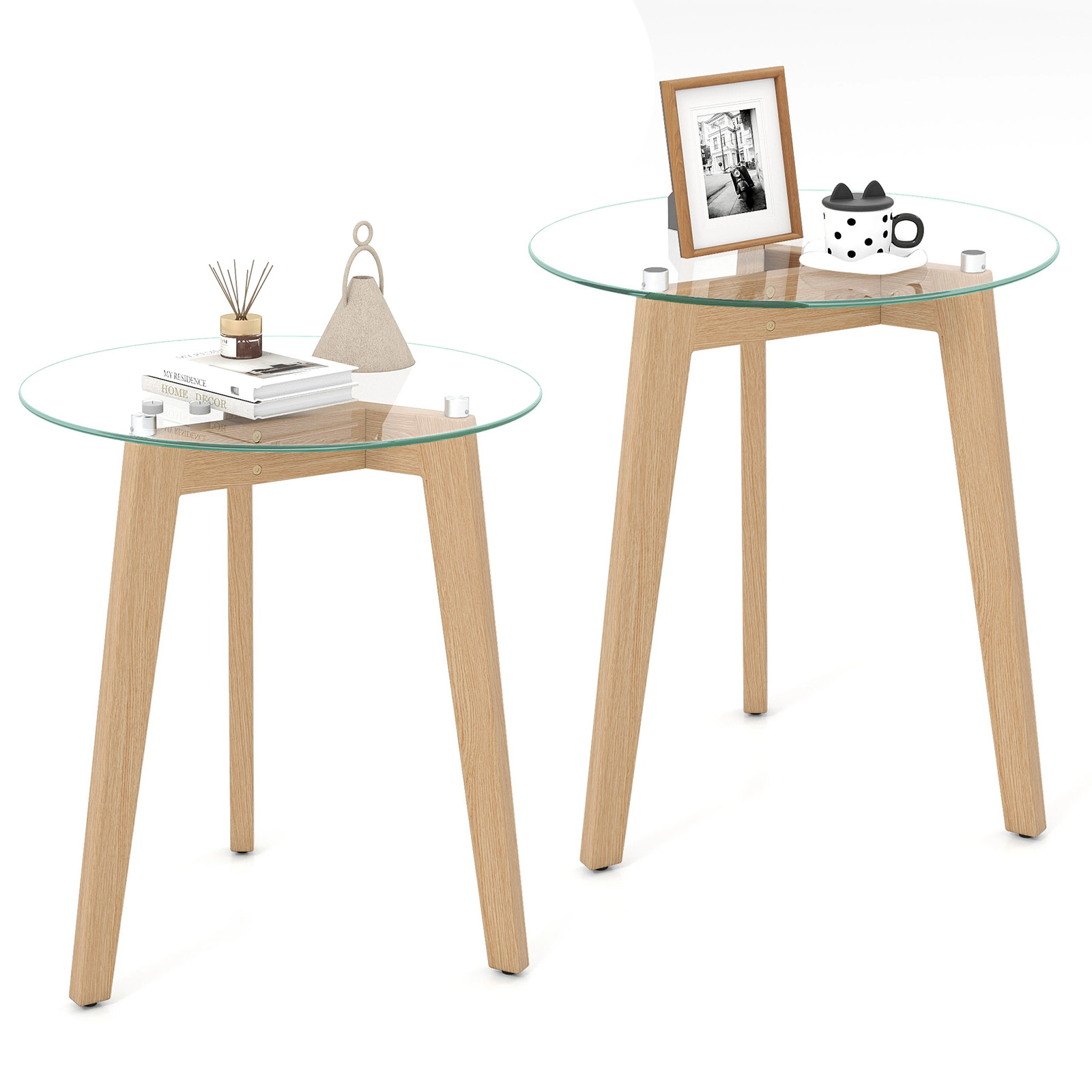 Glintex 2-Piece Round Tempered Glass End Table Set with Rubber Wood Legs, Transparent