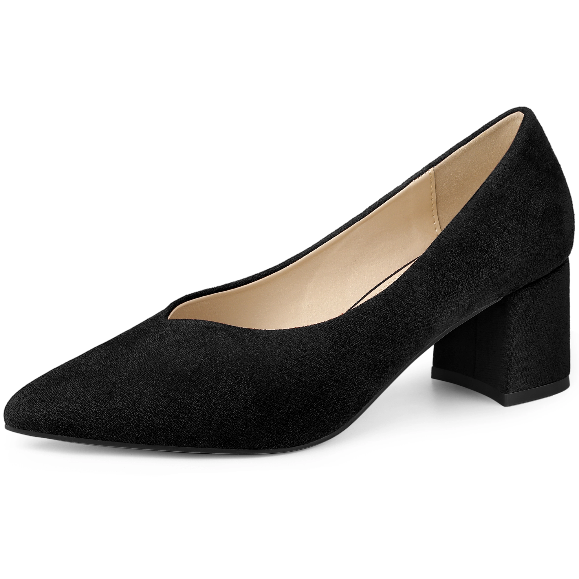 BLISSFUL STEP Women Faux Suede Pointy Toe Slip-on Low Chunky Heels Pumps
