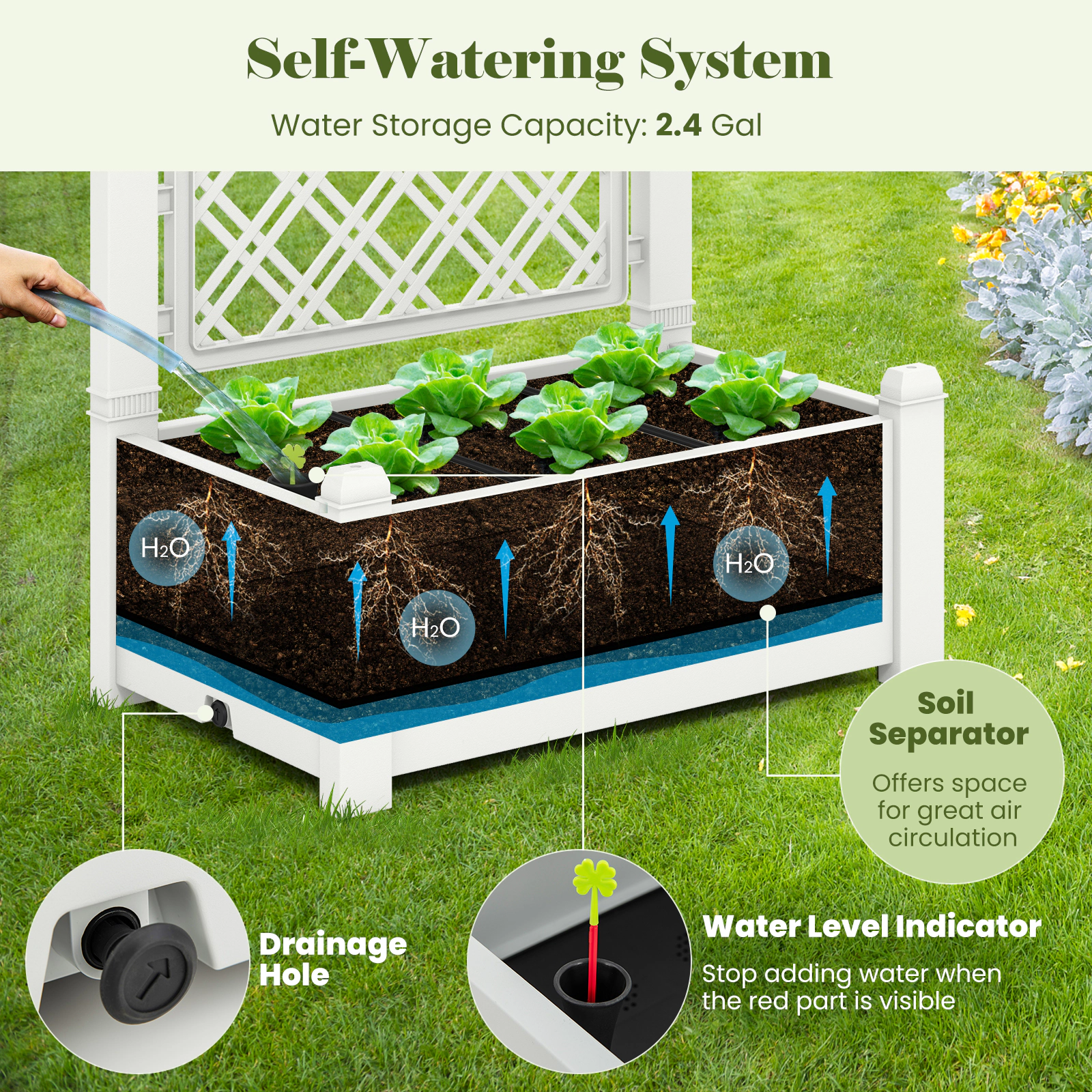 SlickBlue Outdoor Self Watering Raised Garden Bed with Trellis