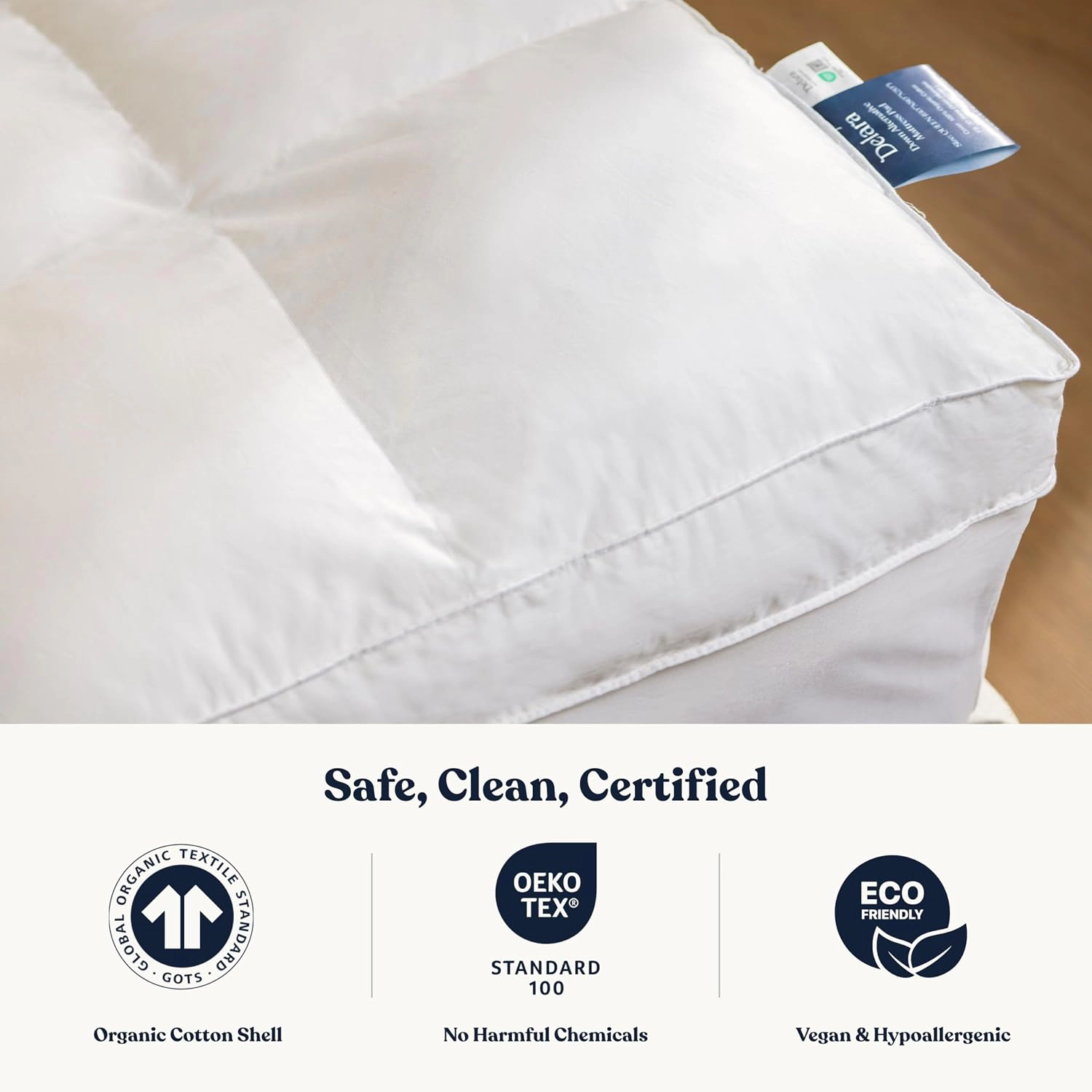 Delara Extra Plush Down Alternative Fill Mattress Pad, GOTS Organic Cotton, 1350 GSM Fill, 20 Inches Deep Pocket