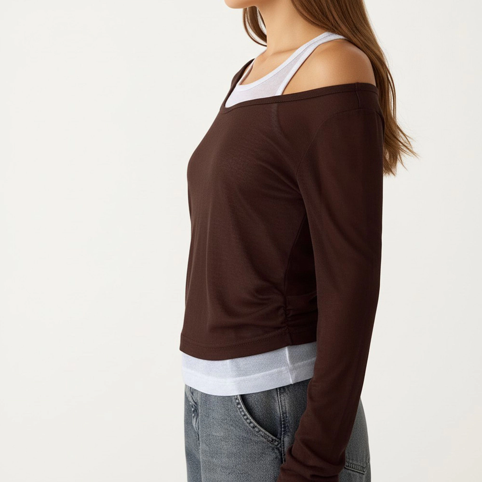Anna-Kaci Women's Off Shoulder Long Sleeve Layered Knit Top with Relaxed Fit
