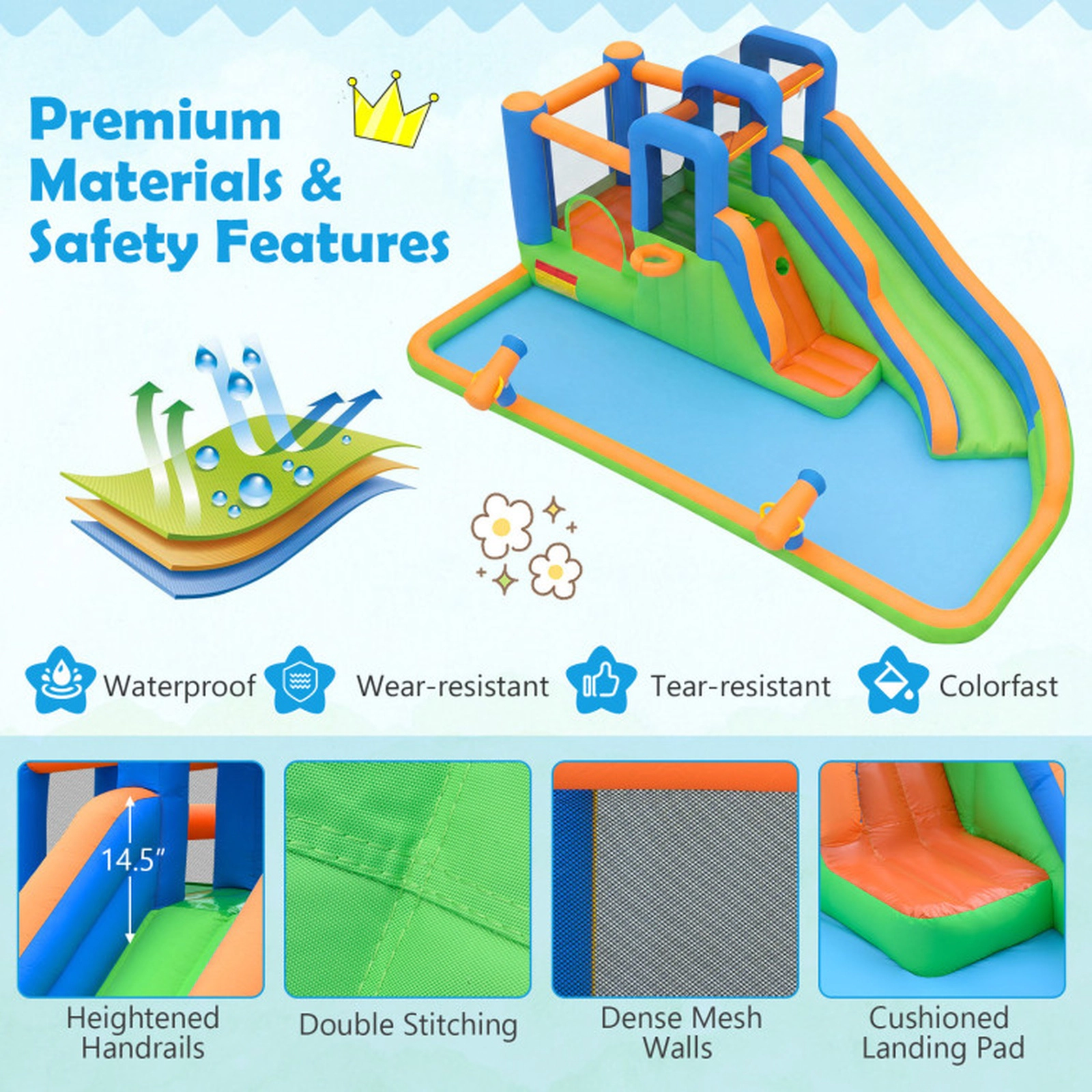 SUGIFT Inflatable Water Slide Park with 182.5-in Splash Pool 2 Climbing Walls and 780W Blower for Yard
