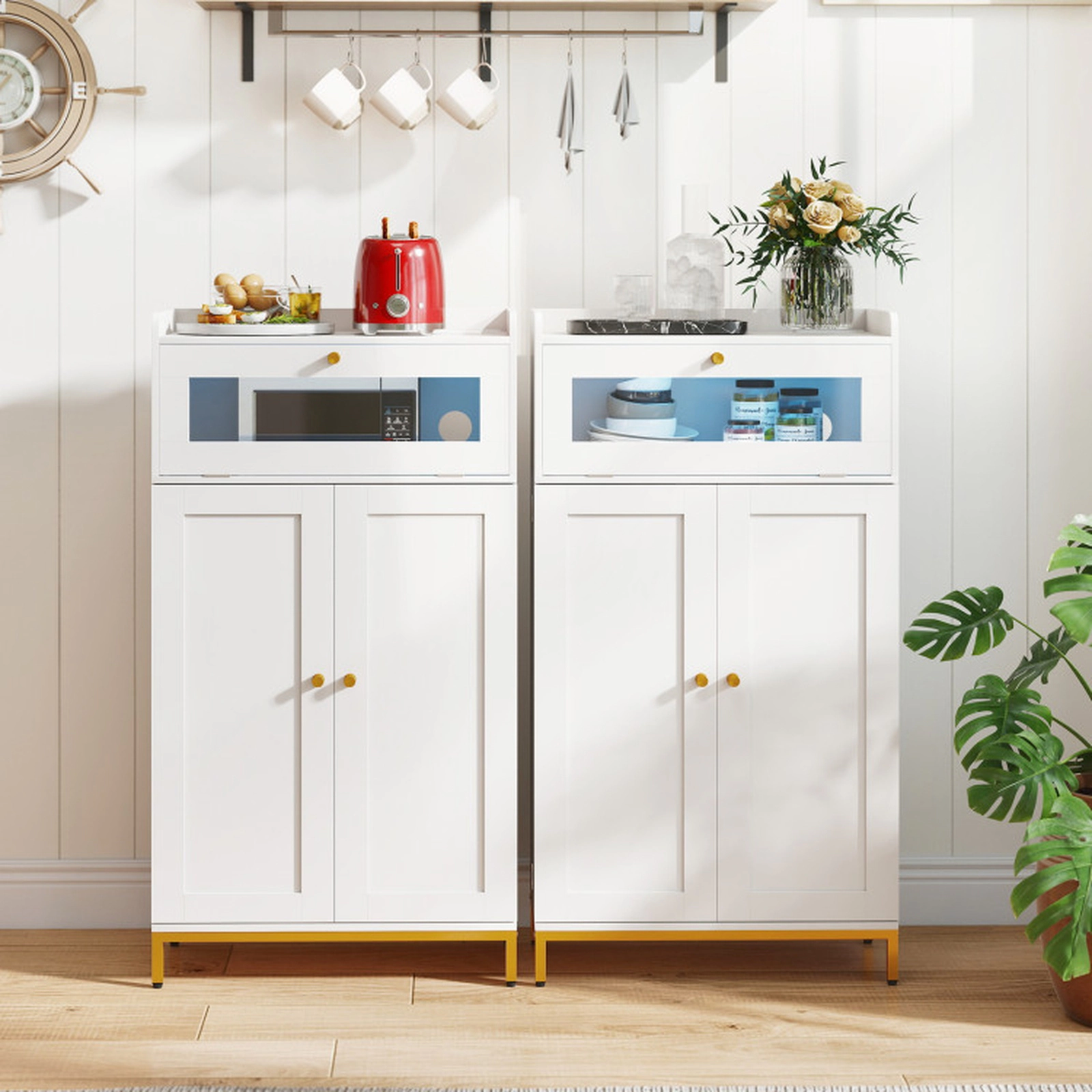 SUGIFT 43.5-in LED Charging Station Acrylic Flip Door Kitchen Pantry Cabinet 23.5-in x 12-in 70-lb Capacity White