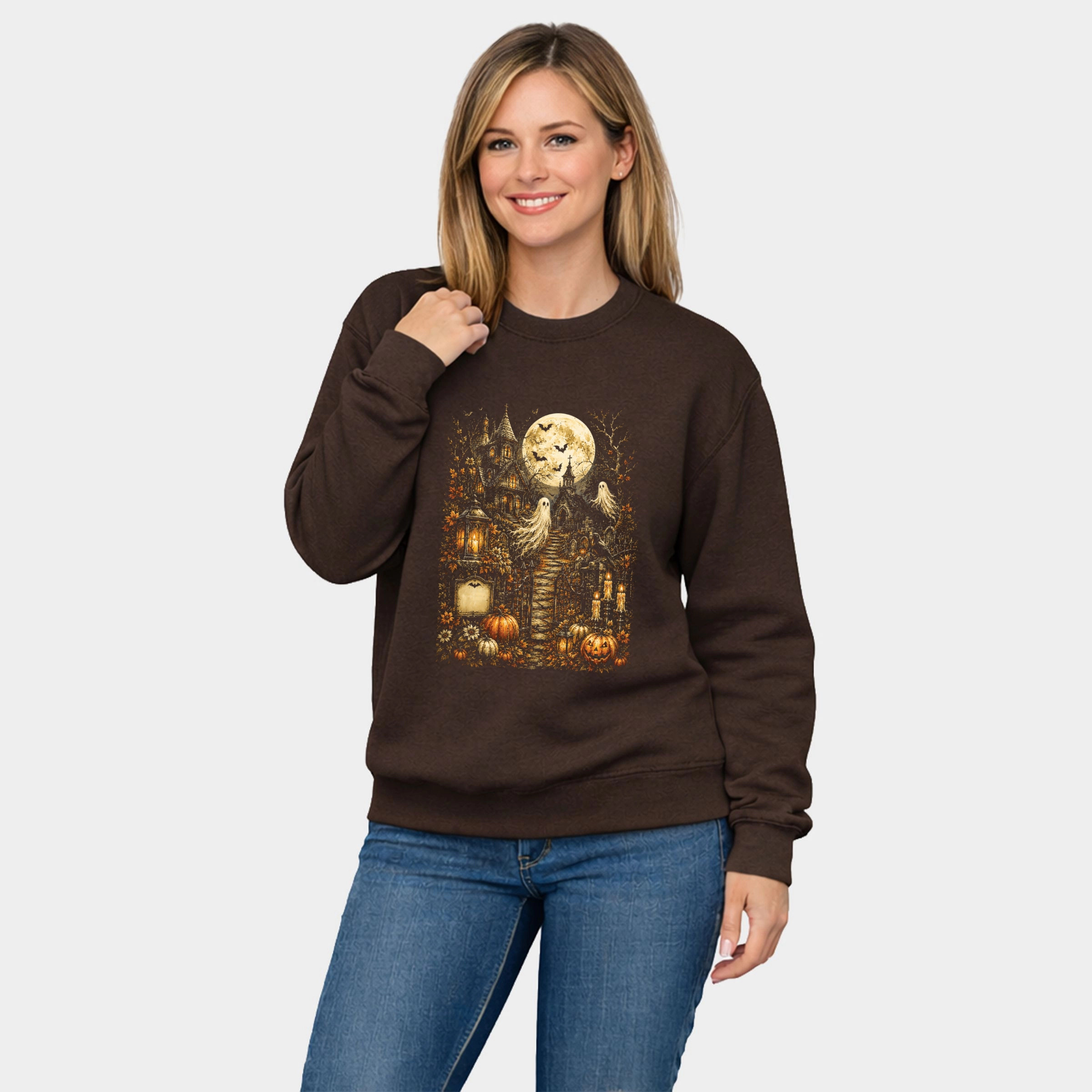 Simply Sage Market - Women's Graphic Sweatshirt Halloween House and Moon