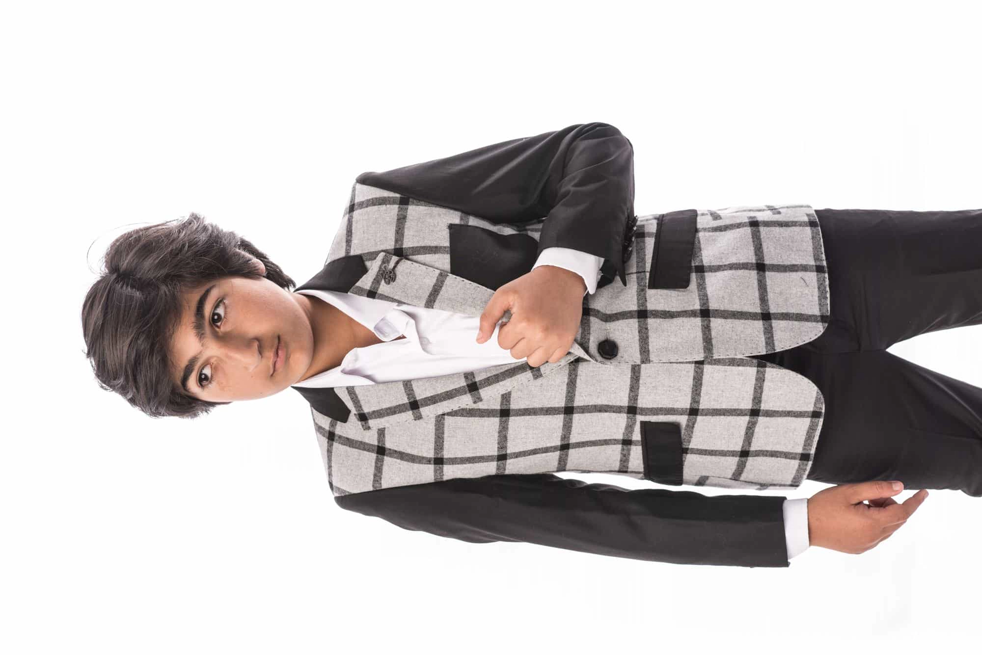 Elie Balleh Boys Slim Fit Windowpane Plaid Blazer