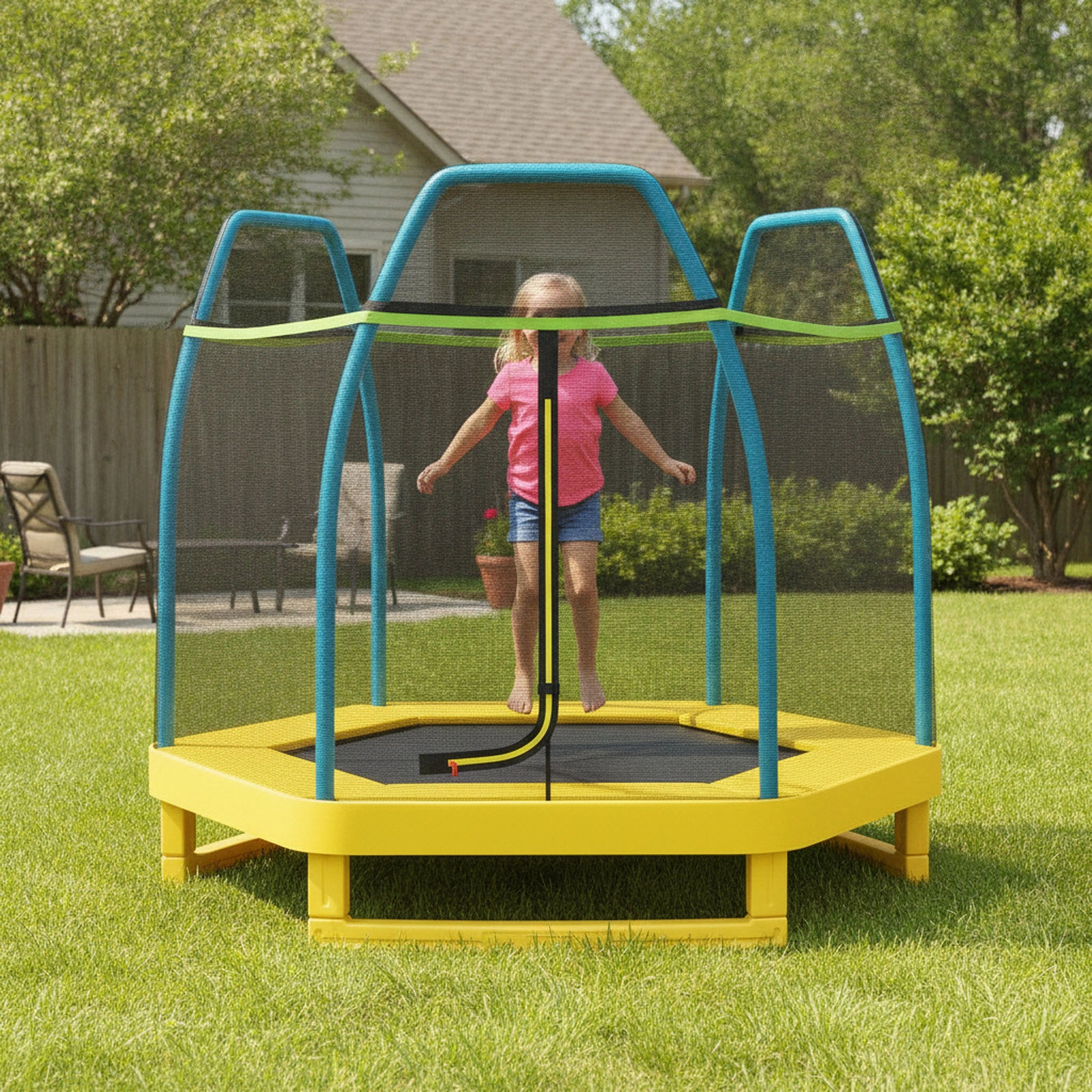 7-ft Kids Trampoline Outside-Mounted Enclosure Net 36 Springs 150-lb Limit Ages 3+ Yellow Recreational Jumper