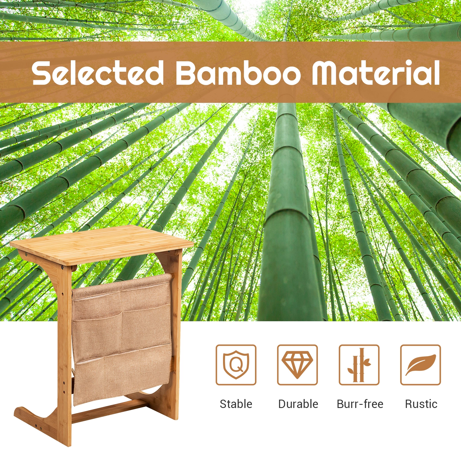 Glintex L-Shaped Bamboo Sofa Side Table with Hanging Storage Bag, Natural