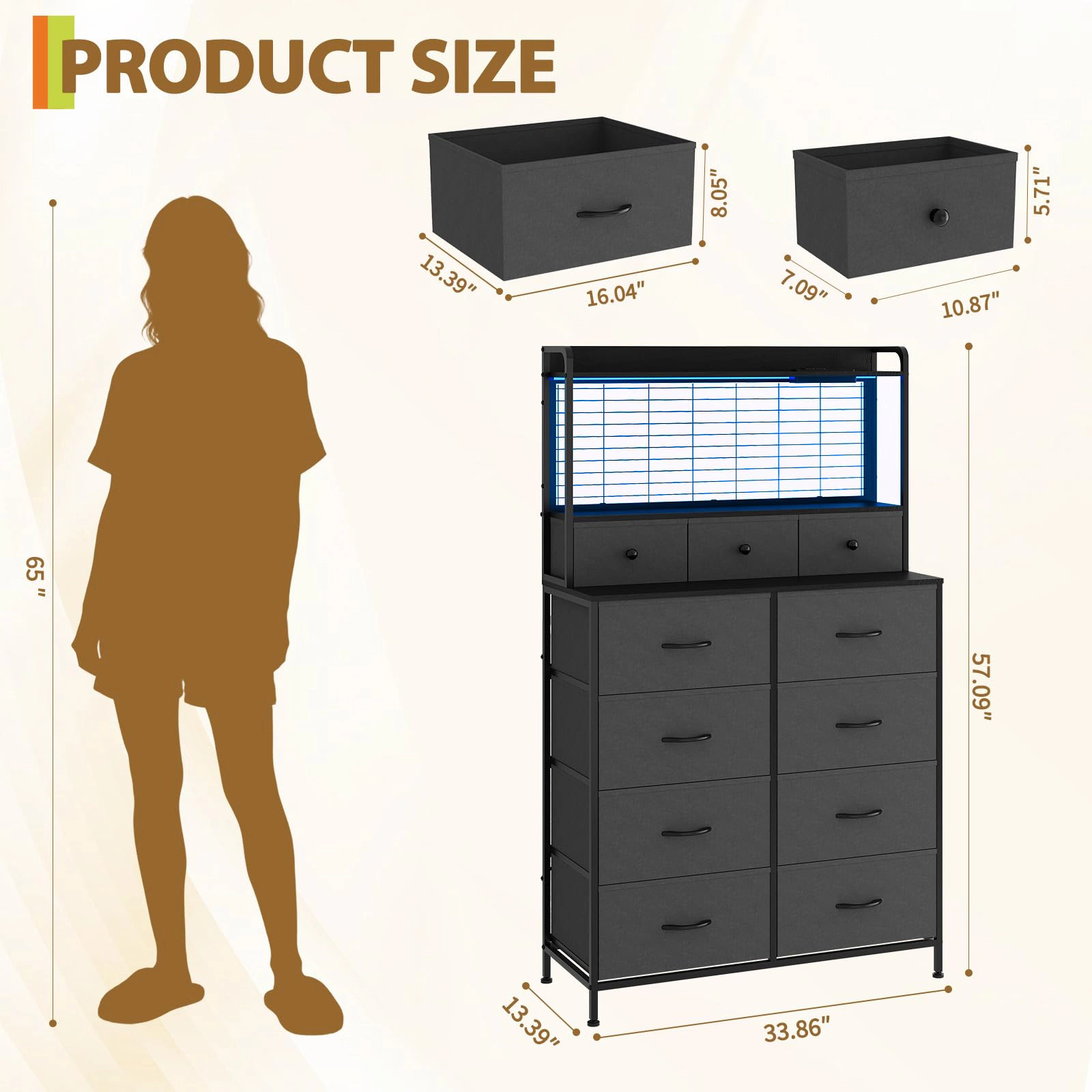 11 Drawer Fabric Dresser with Wireless Charging, App-Controlled RGB LED Lights & Open Shelf