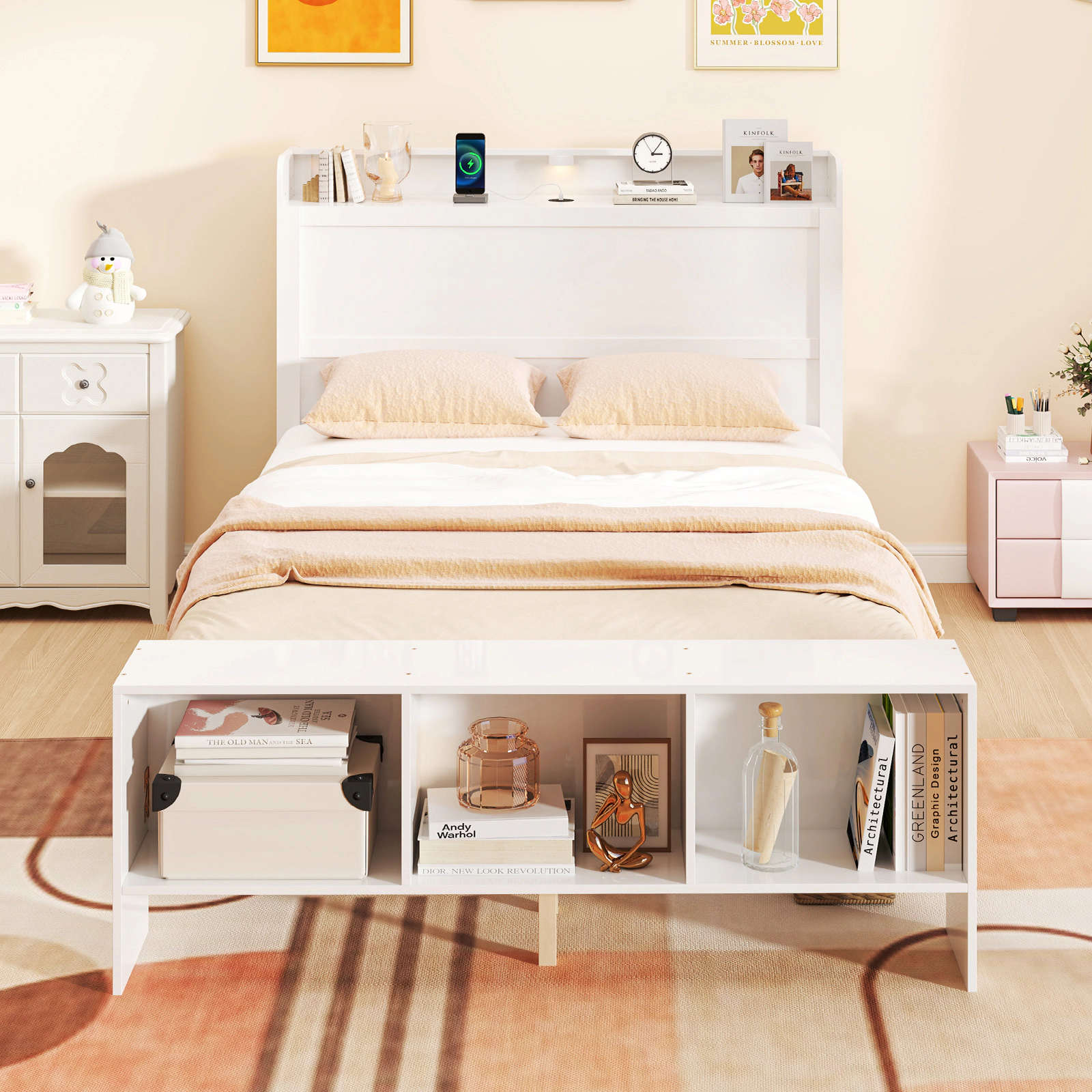 SUGIFT Full-Size Platform Bed Frame with Storage Cubes, LED Lights, USB Ports, White