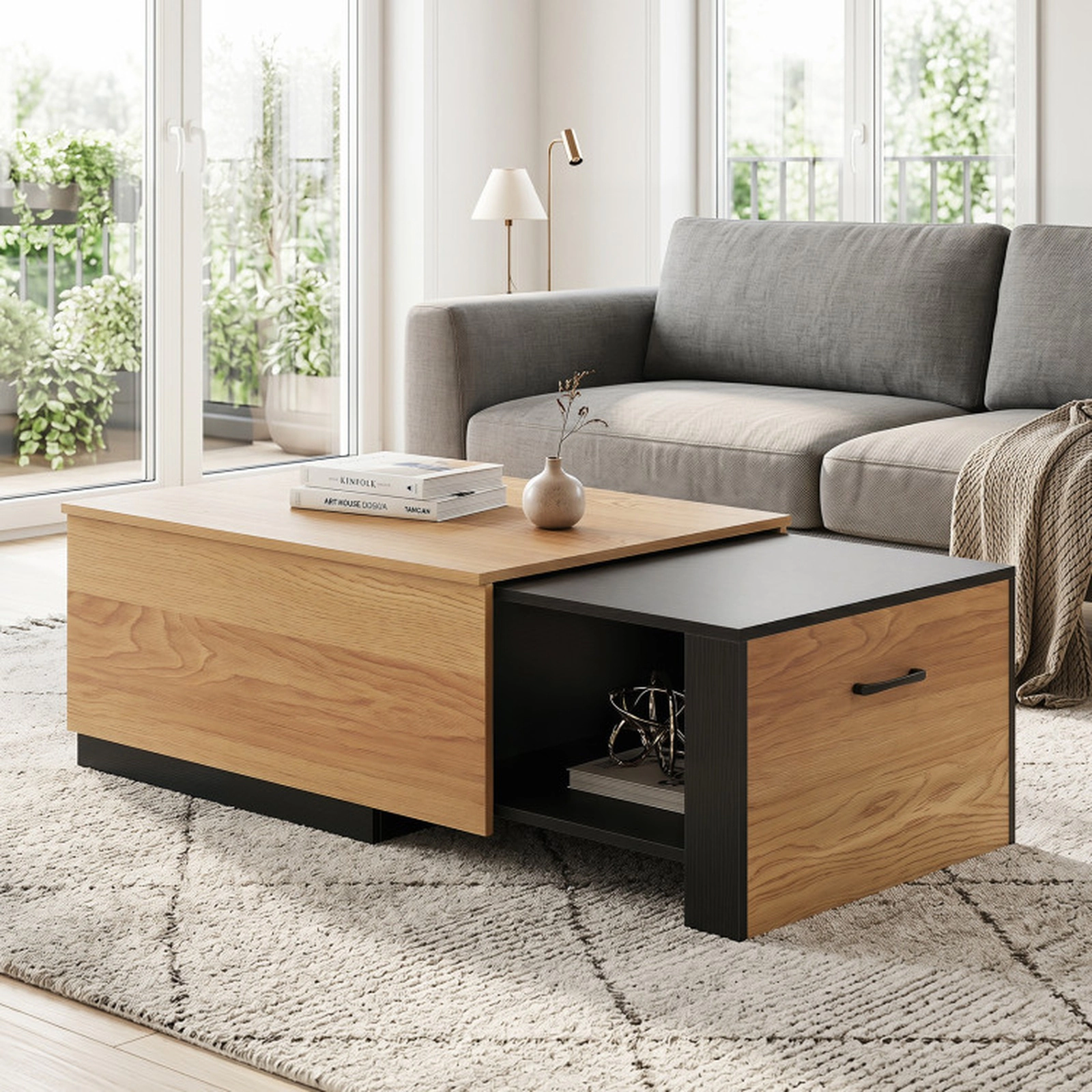 SUGIFT 27-in to 43.5-in Extendable 310-lb Capacity Natural Coffee Table with Concealed Storage Compartment