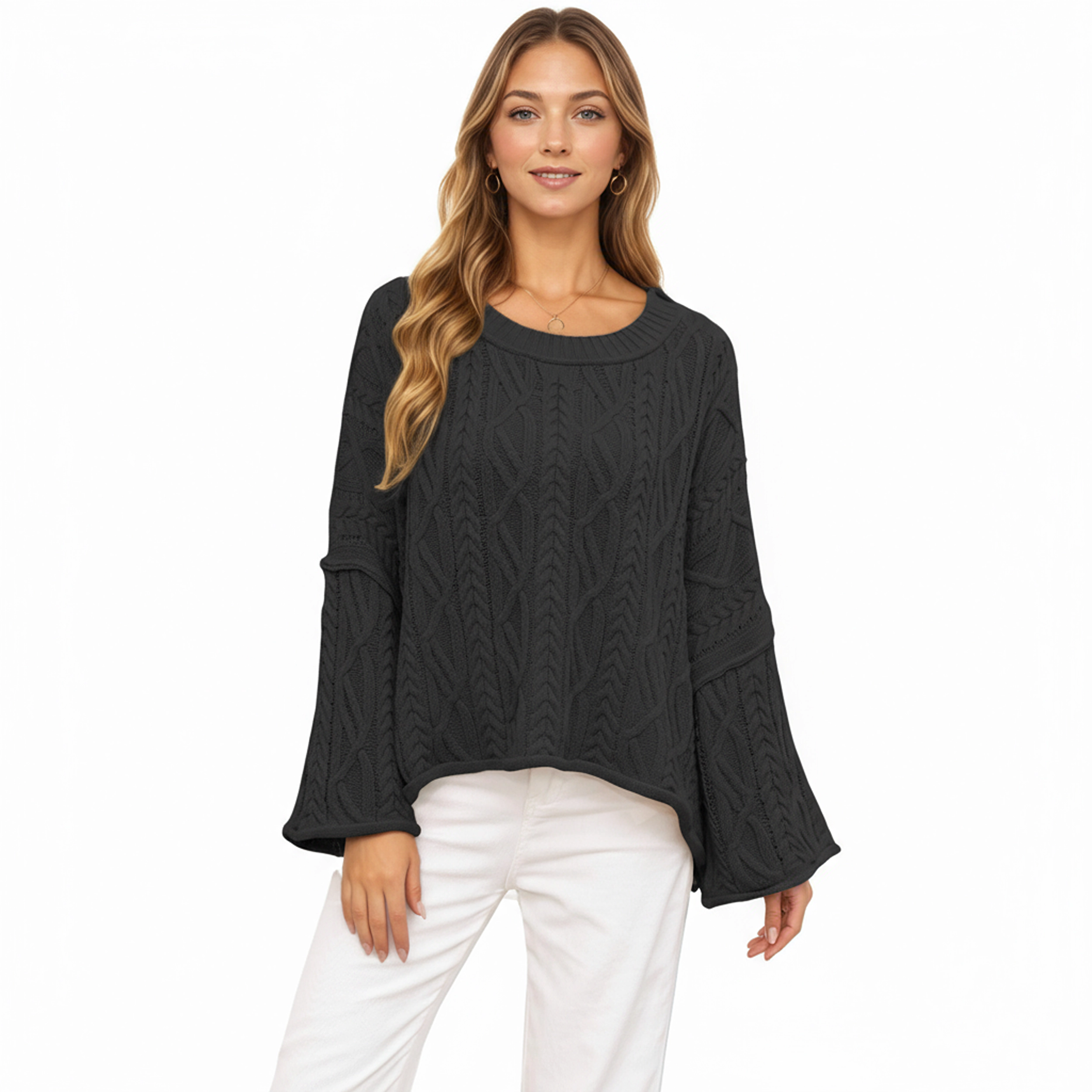 Anna-Kaci Women's Cable Knit Pullover Sweater with Relaxed Fit and Wide Cuff Sleeves