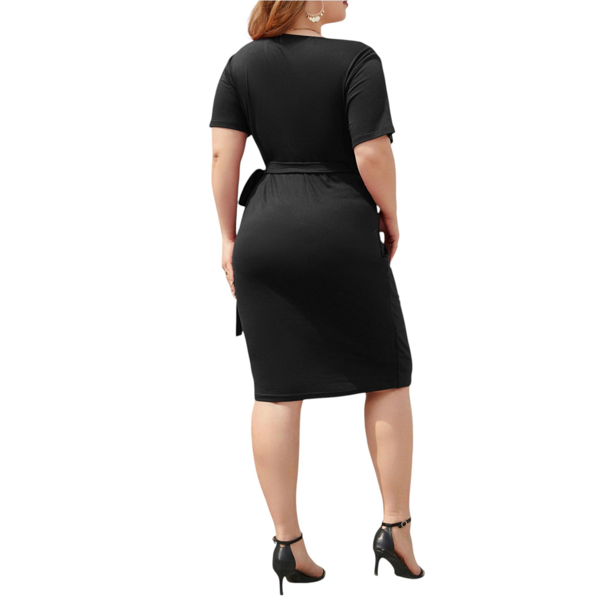 Anna-Kaci Women's Plus Size Short Sleeve V-Neck Faux Wrap Side Tie Draped Skirt Dress