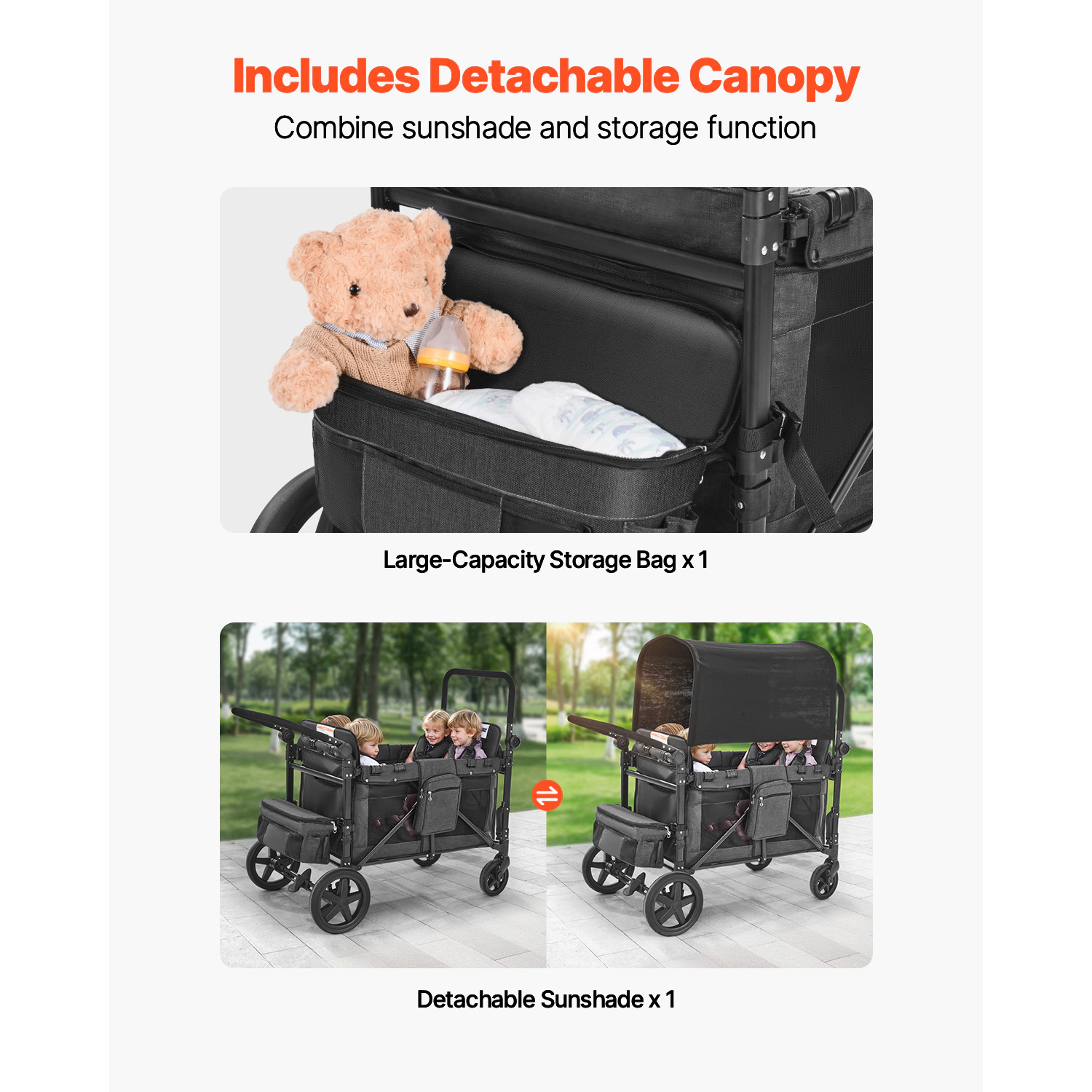 HONGGE 4-Seater Wagon Stroller for Kids, Foldable with 330 lb Capacity, Adjustable Handle, Dark Gray & Black