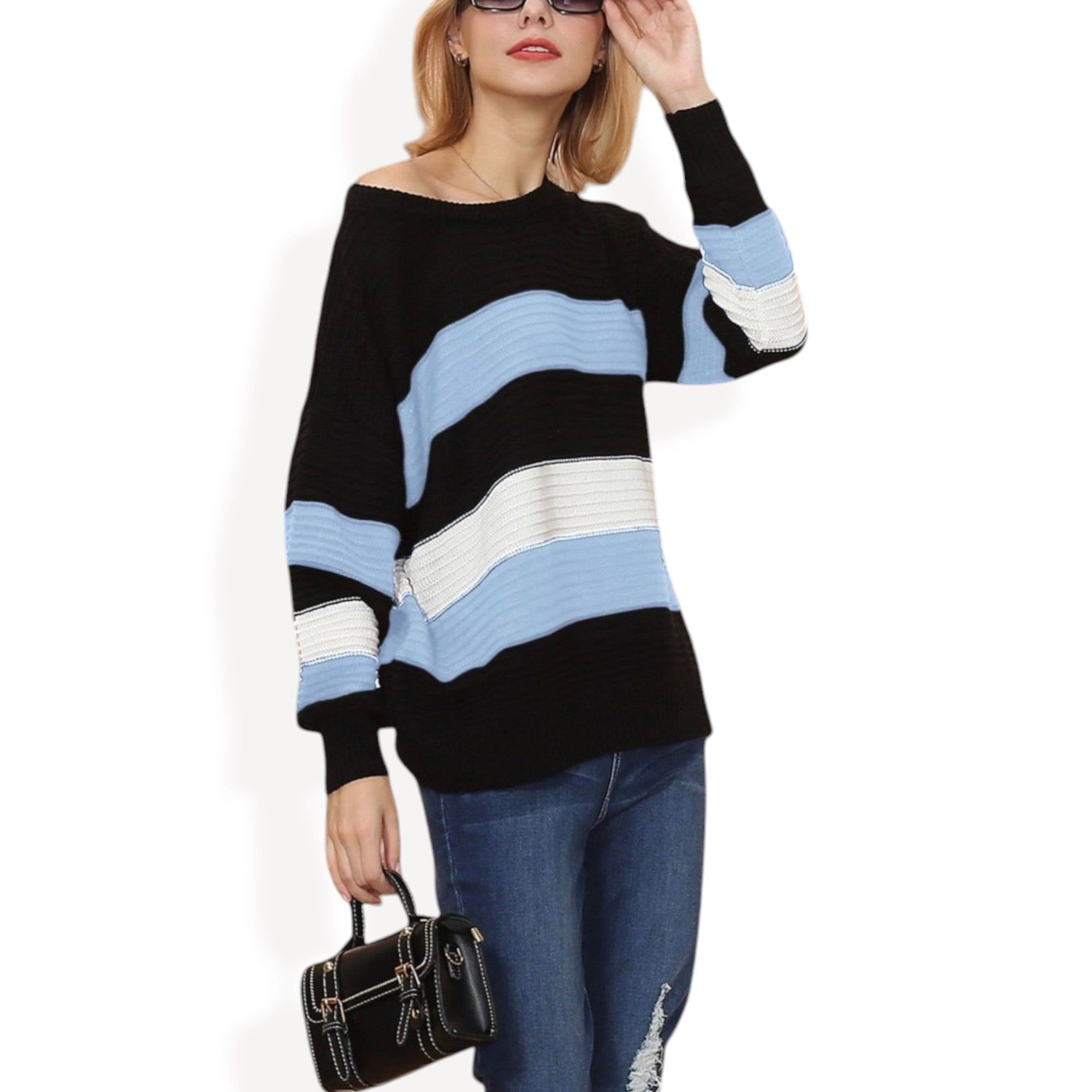 Anna-Kaci Women's Long Sleeve Pullover Knit Sweater with Bold Wide Stripe Pattern
