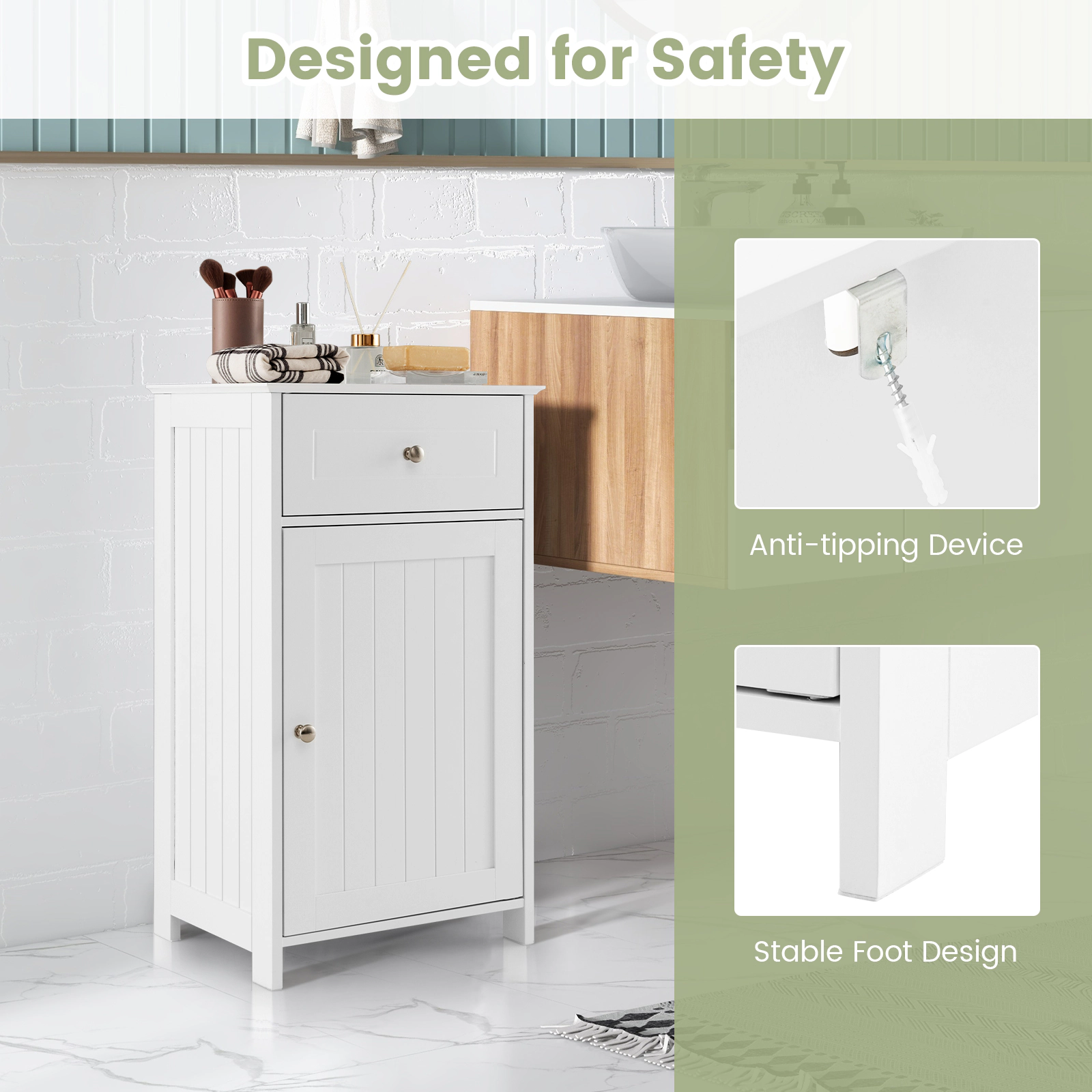 Glintex Freestanding Bathroom Cabinet with Single Door Adjustable Shelf and Drawer, White