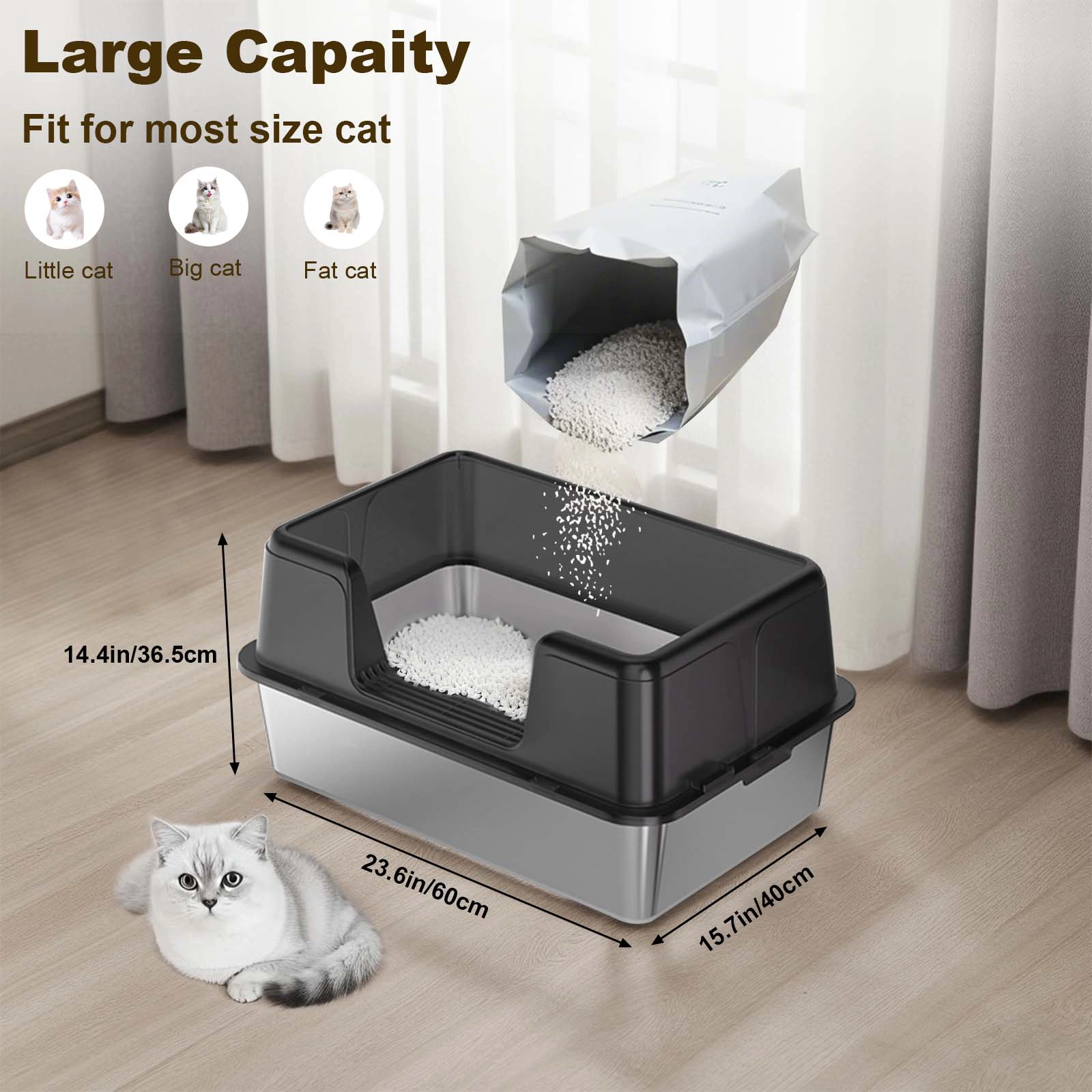 Extra-Large Open Stainless-Steel Cat Litter Box, High-Sided Anti-Splashing Litter Pan 60x40x36.5cm, Black