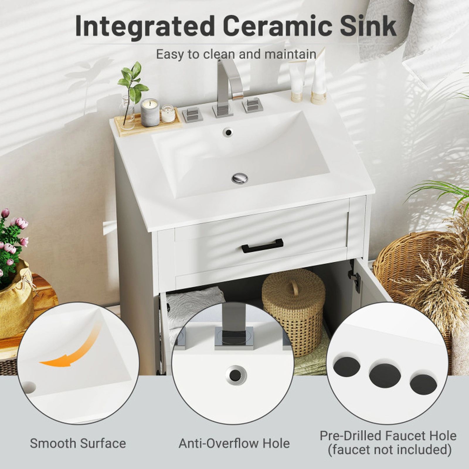 SUGIFT 2-Door Ceramic Basin Anti-Overflow Hole Bathroom Vanity Unit Cabinet 24-in x 18-in x 34-in 250-lb Capacity Gray