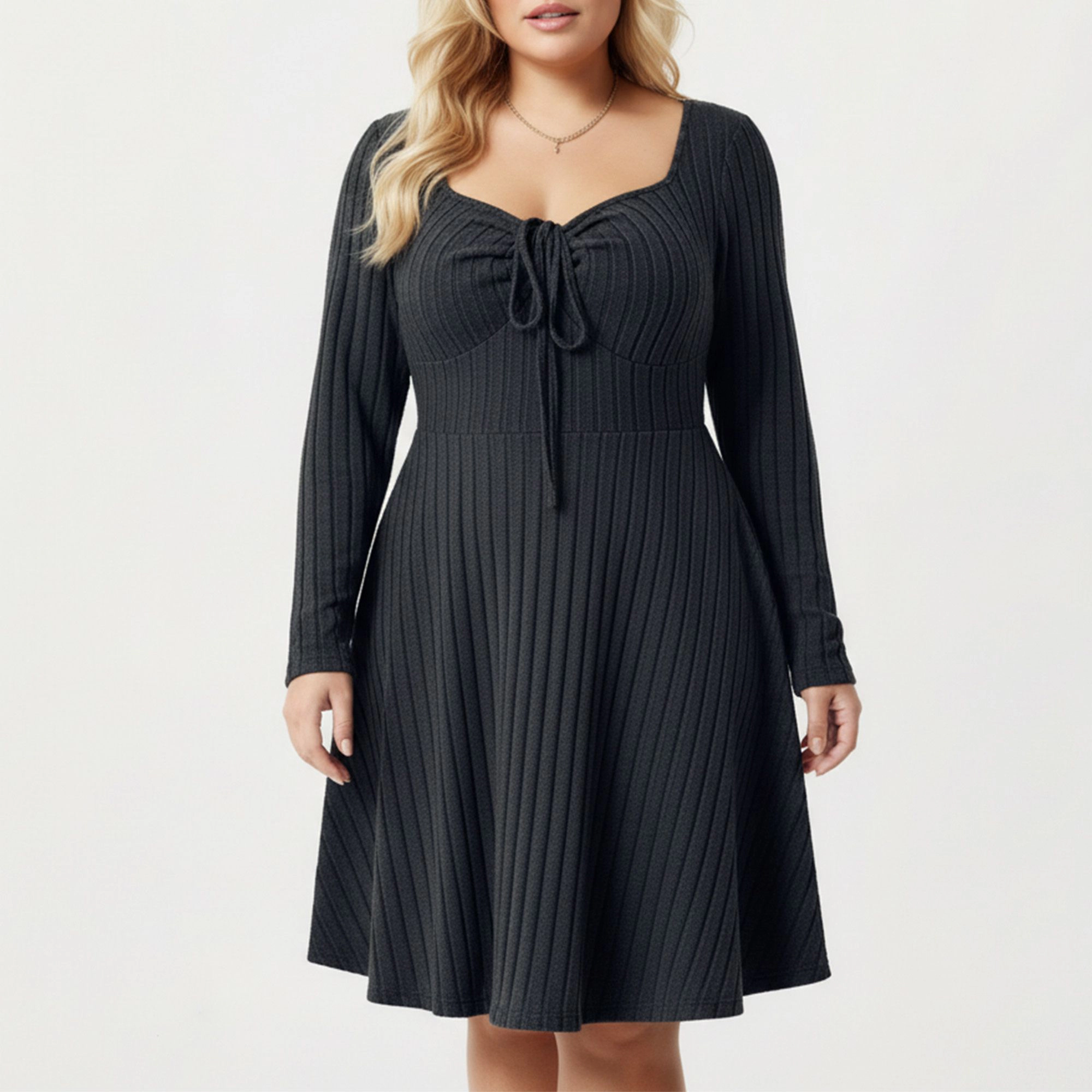 Anna-Kaci Women's Plus Long Sleeve Ribbed Tie Front Flared Skirt Knit Dress