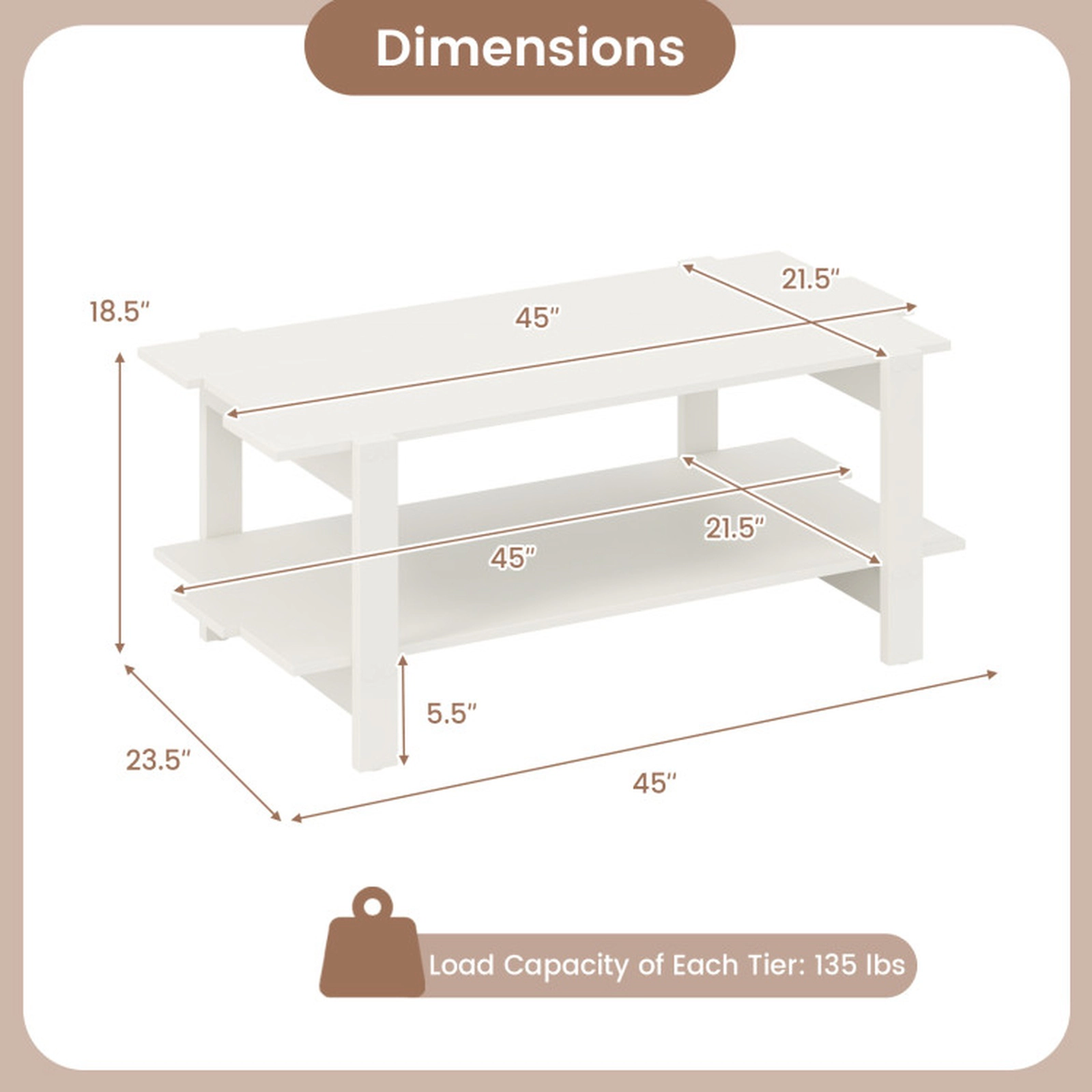 SUGIFT 2-Tier Slatted Top Open Shelf Engineered Wood Coffee Table 45-in x 23.5-in x 18.5-in 135-lb Capacity White
