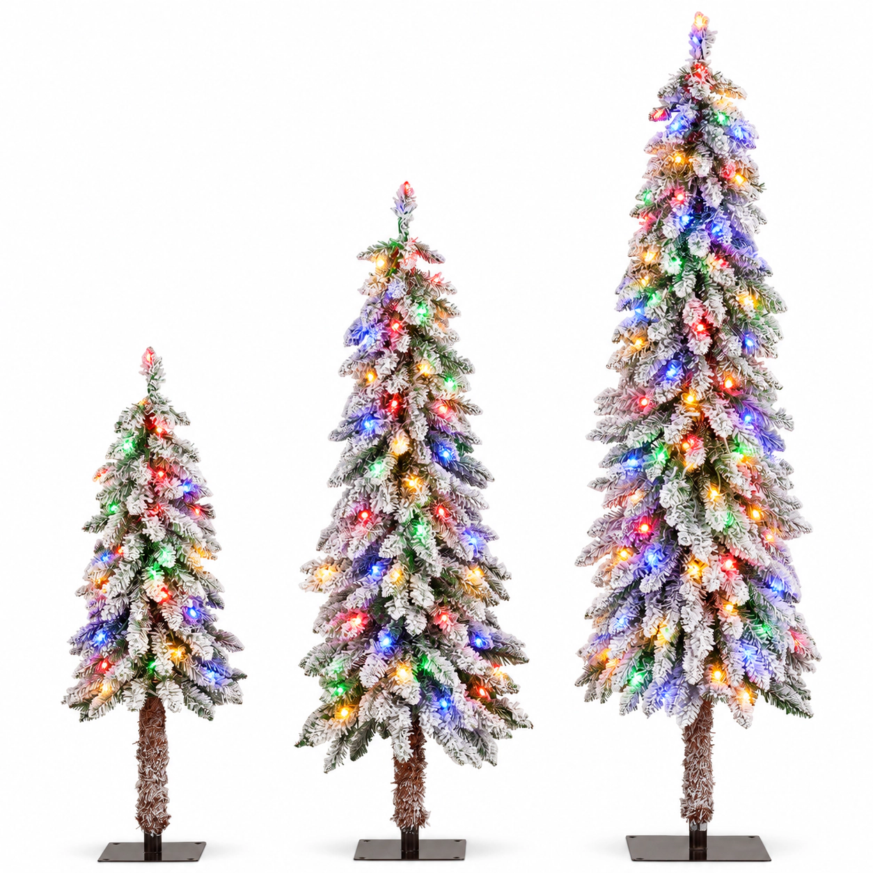SUGIFT Set of 3 Pre-Lit Snow Flocked Christmas Trees 3-ft 4-ft and 5-ft with 300 Multicolor LED Lights Green/White