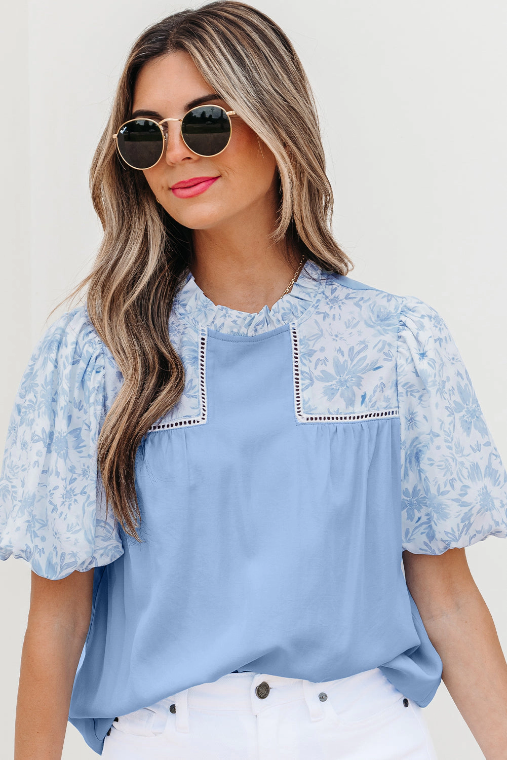 Threaded Pear Women's Saanvi Lace Floral Puff Sleeve Loose Blouse
