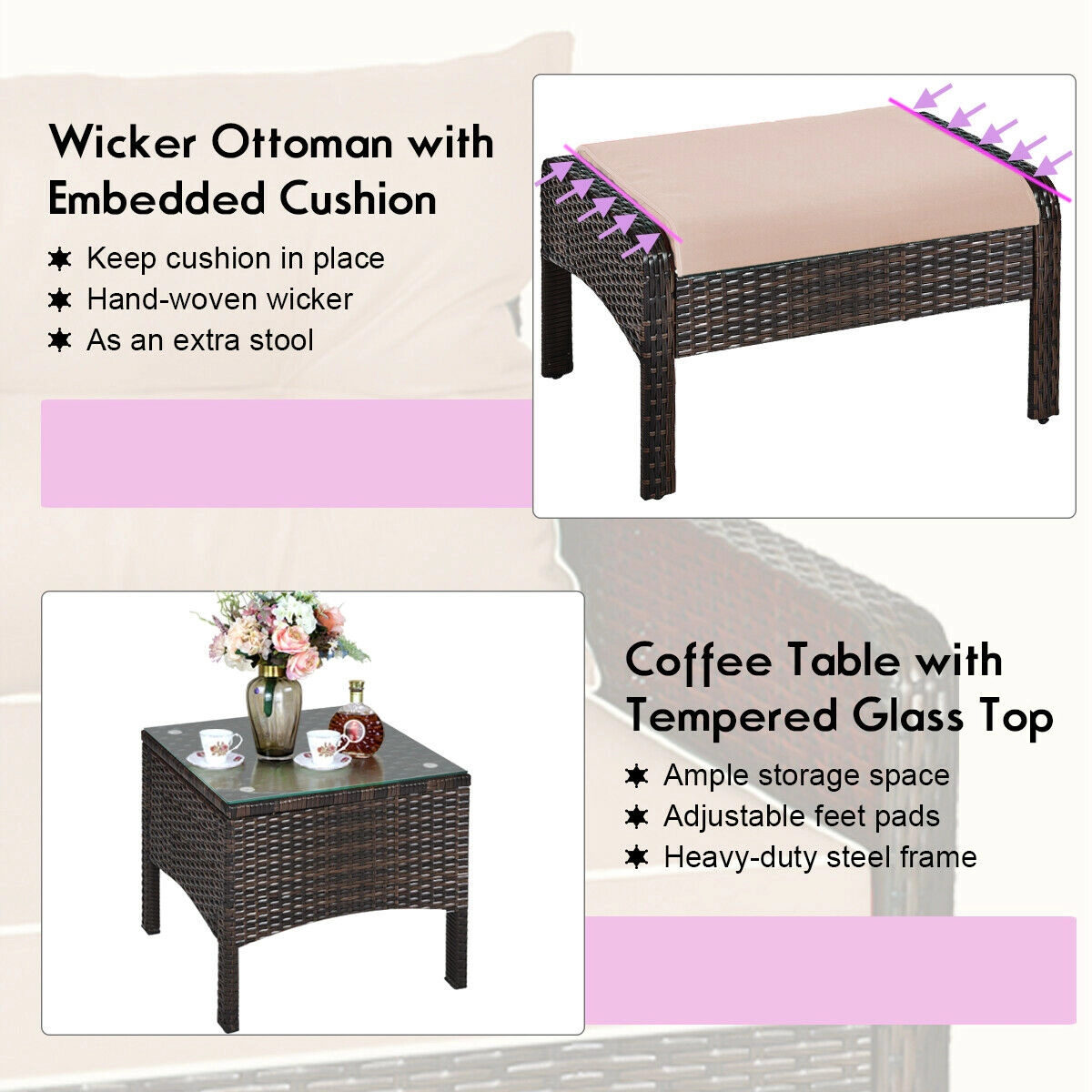 LJG 5 Pieces Patio Rattan Furniture Set Sofa