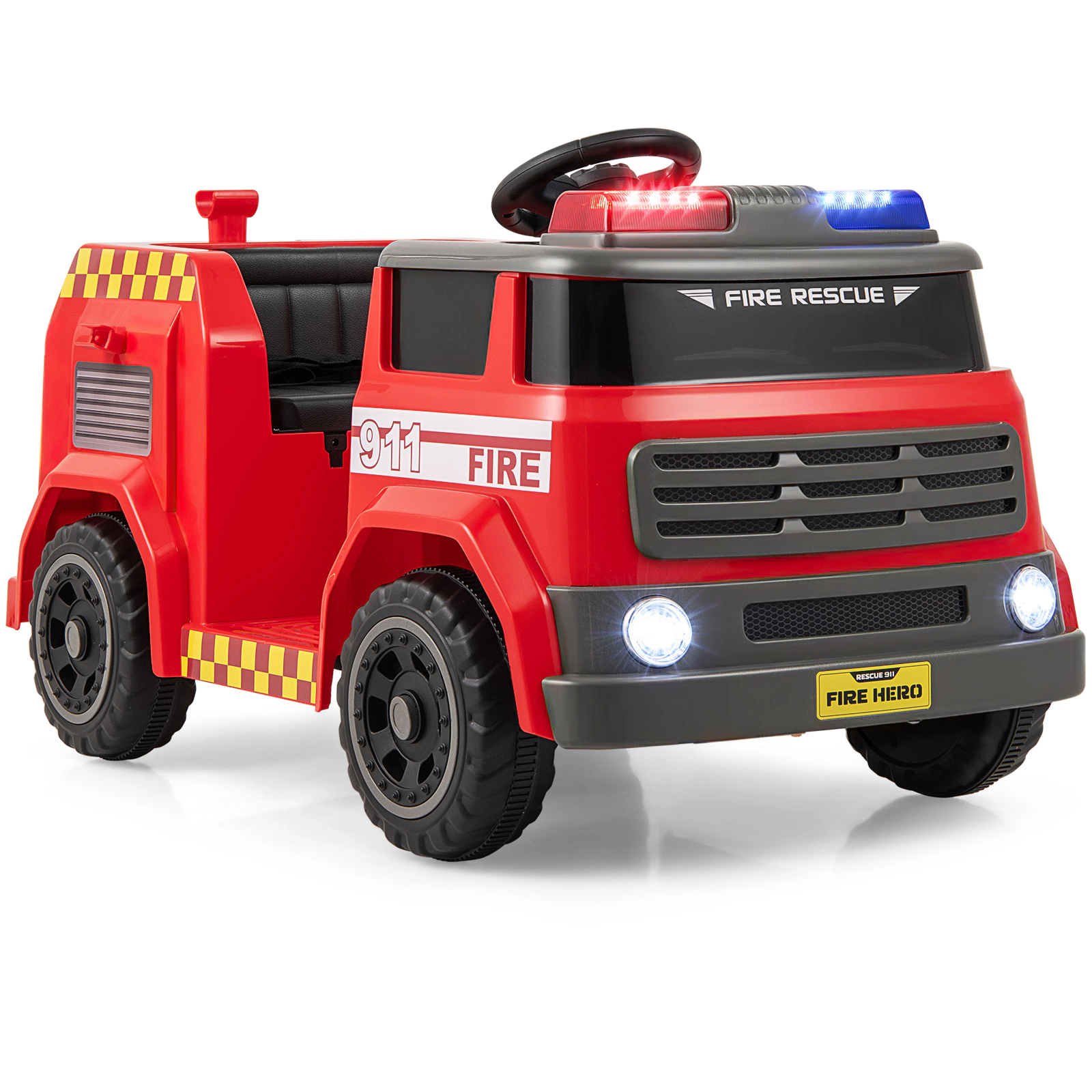 SUGIFT 12V Ride On Fire Truck Powered Car with Water Gun, Shovel and Wrench 55-lb Capacity Ages 37-95 Months Red