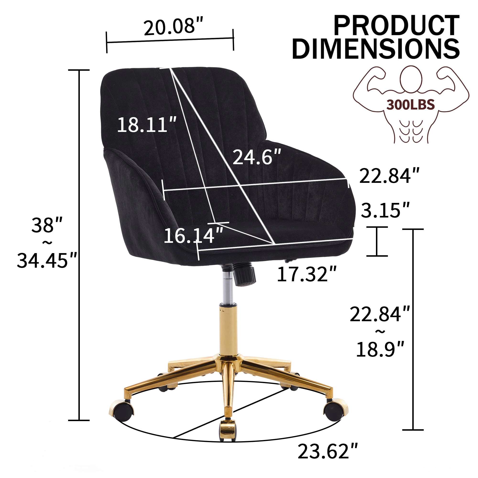 Platinum-Level Office Chairs TY Adjustable Velvet Office Chair, Black, Gold Base Swivel