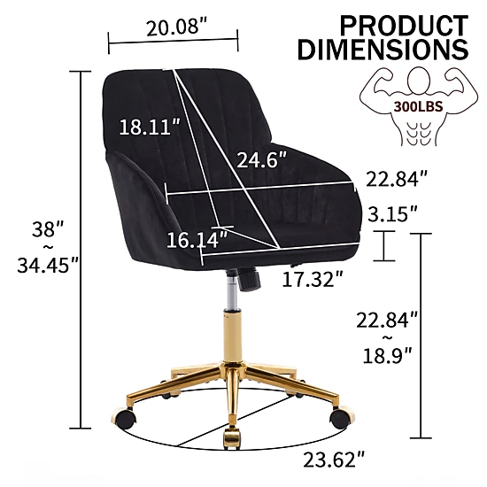 Platinum-Level Office Chairs TY Adjustable Velvet Office Chair, Black, Gold Base Swivel