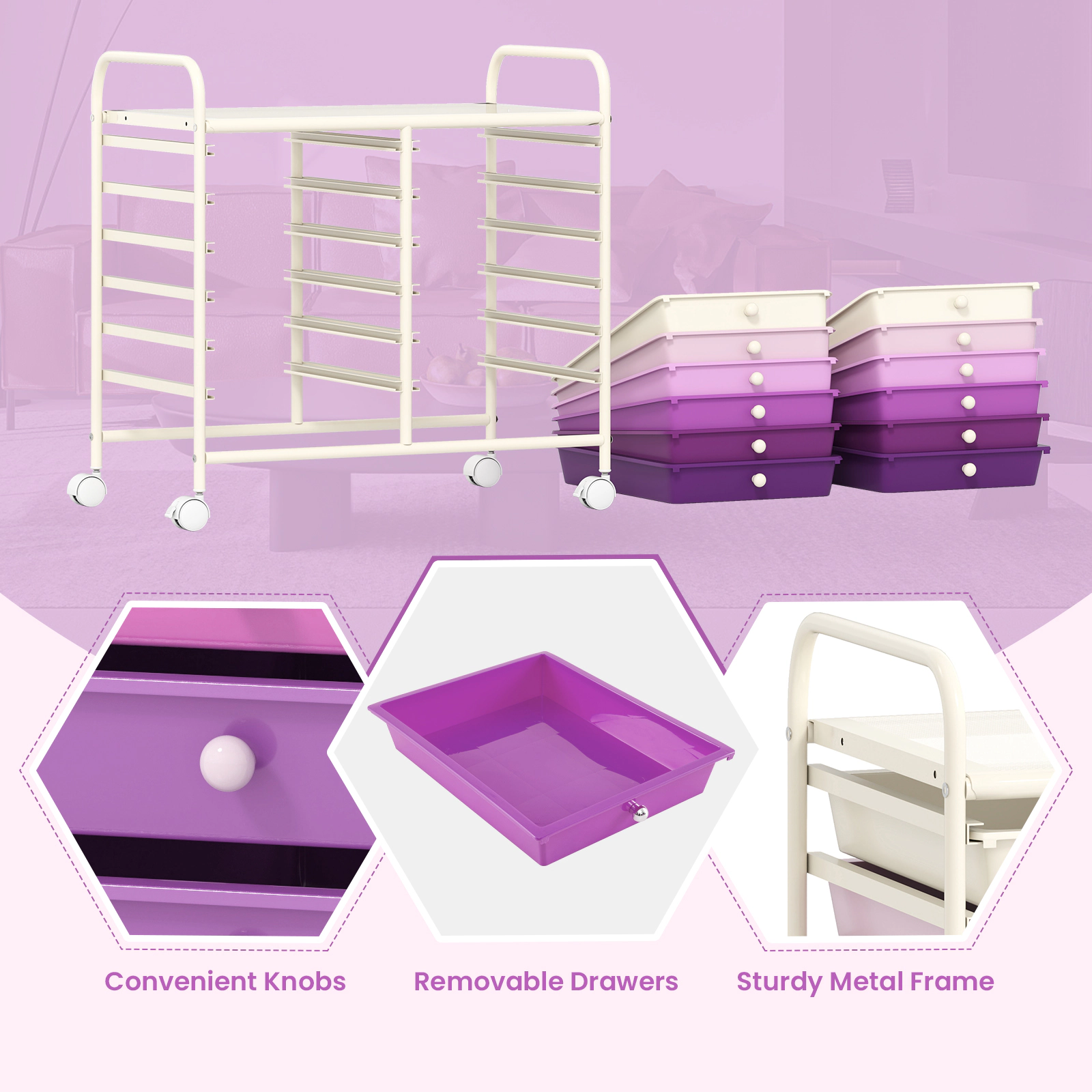 SUGIFT Purple 12-Drawer Rolling Cart Organizer with Plastic Storage Drawers and Locking Wheels for Office