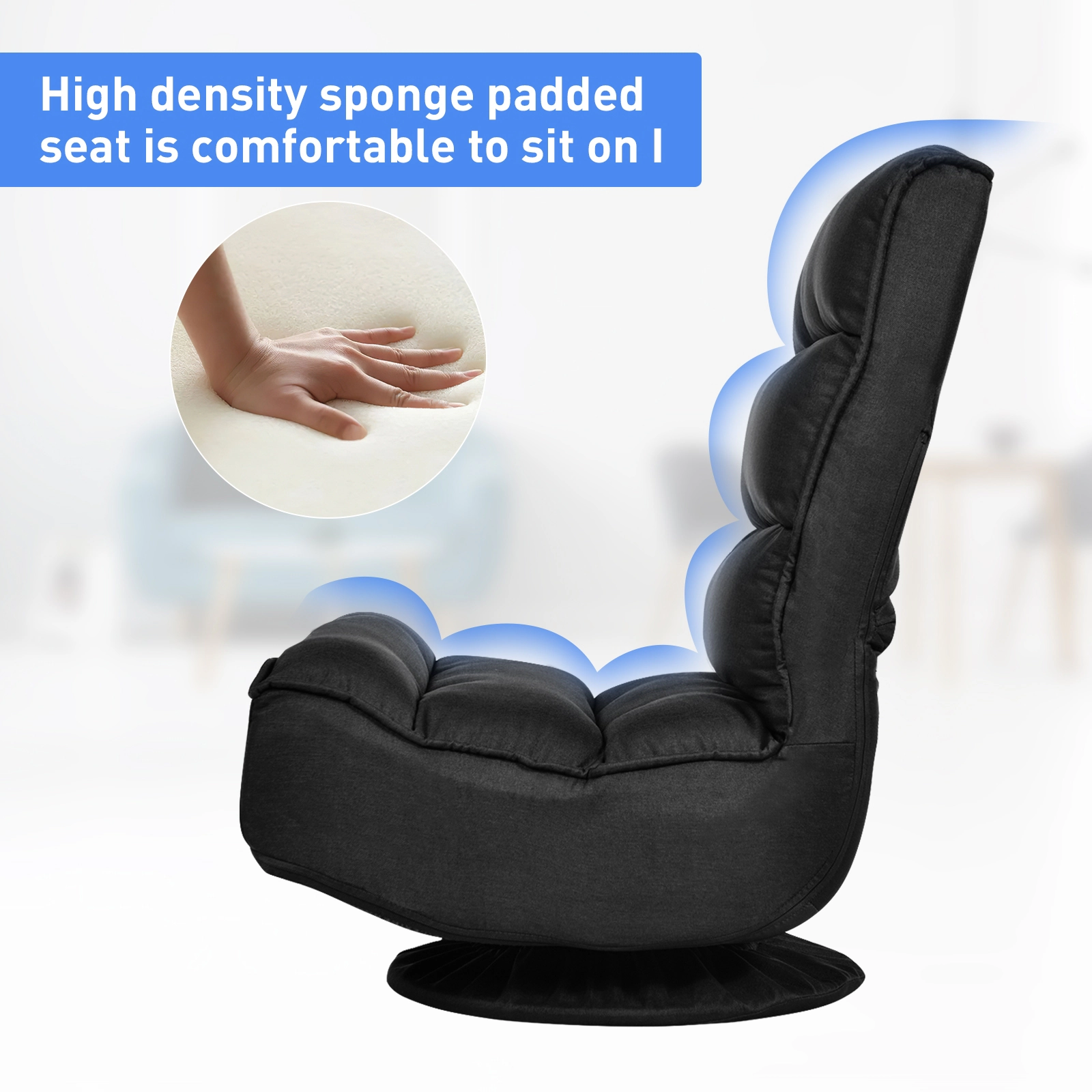 SUGIFT 5-Position Swivel Folding Floor Gaming Chair 300-lb Capacity 23-in Long Iron Frame Floor Seat Black