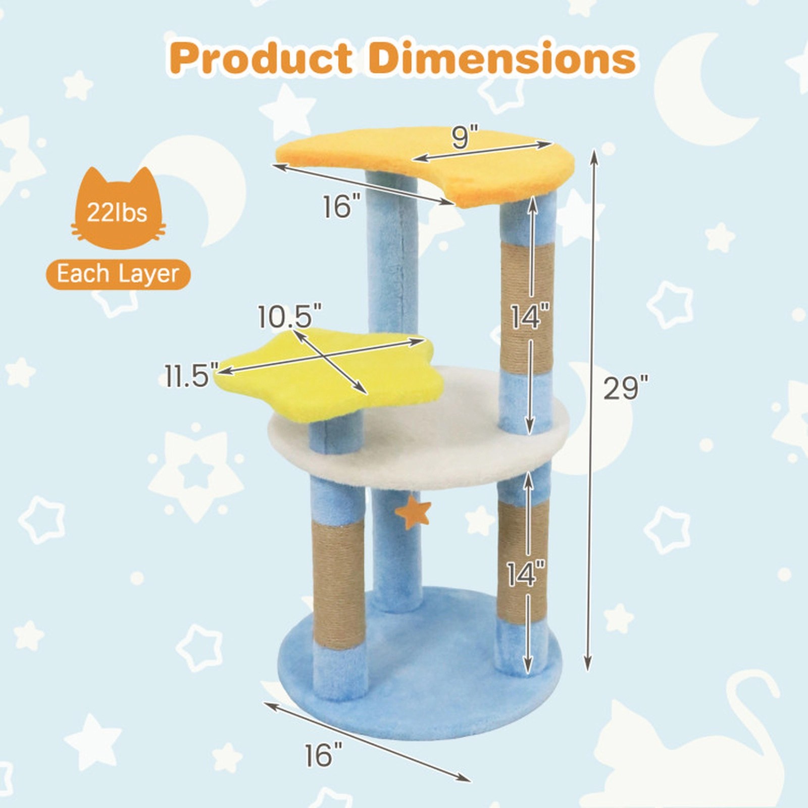 SUGIFT 29-in Blue Modern Cat Tree with Star and Moon Shaped Platforms and Jute Scratching Posts