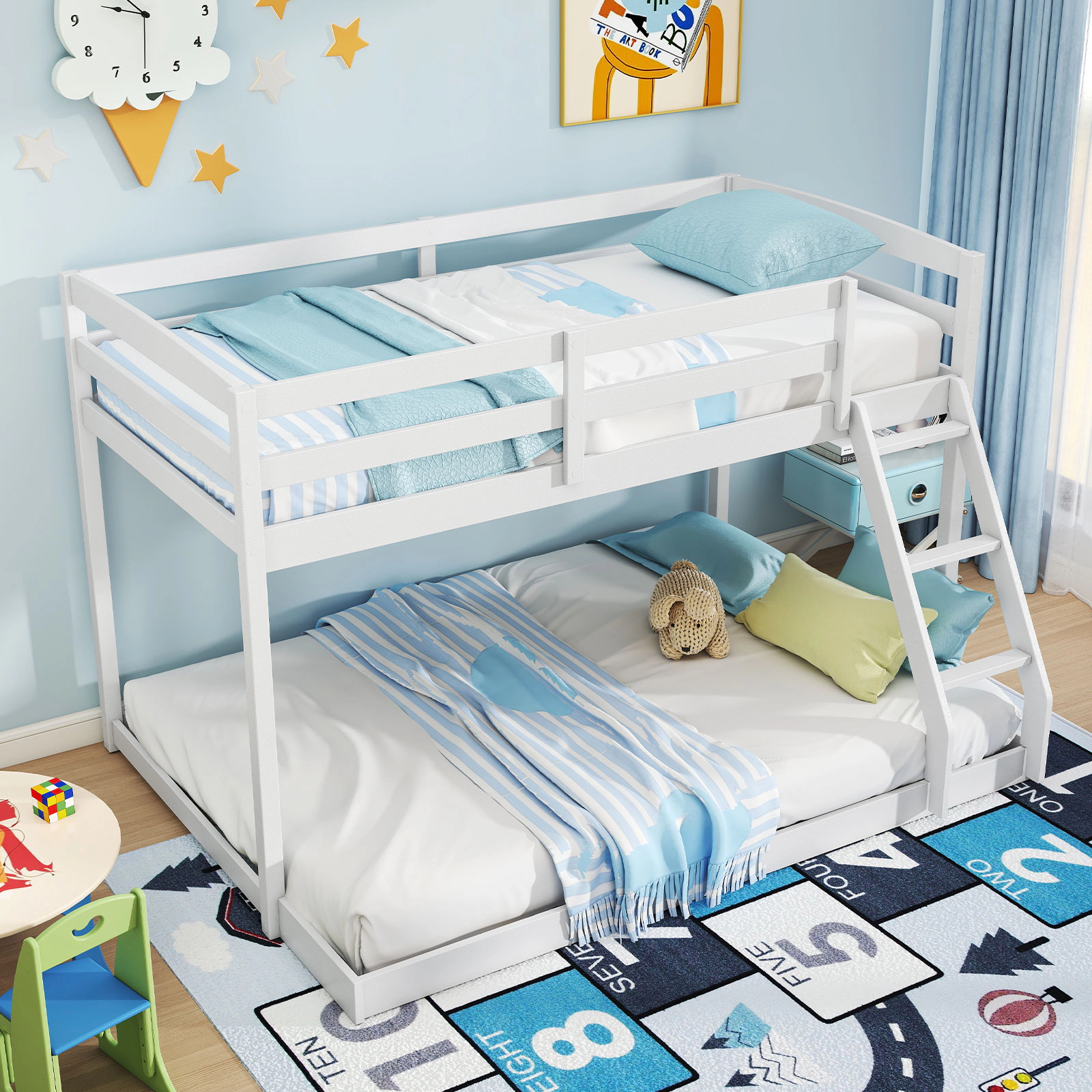SUGIFT White 21 Support Slats and Guardrails Twin Over Full Kids Low Bunk Bed