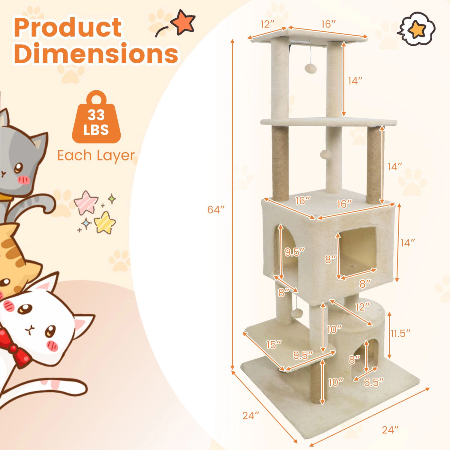 SlickBlue 64-Inch Cat Tower with Condos, Scratching Posts and Toys
