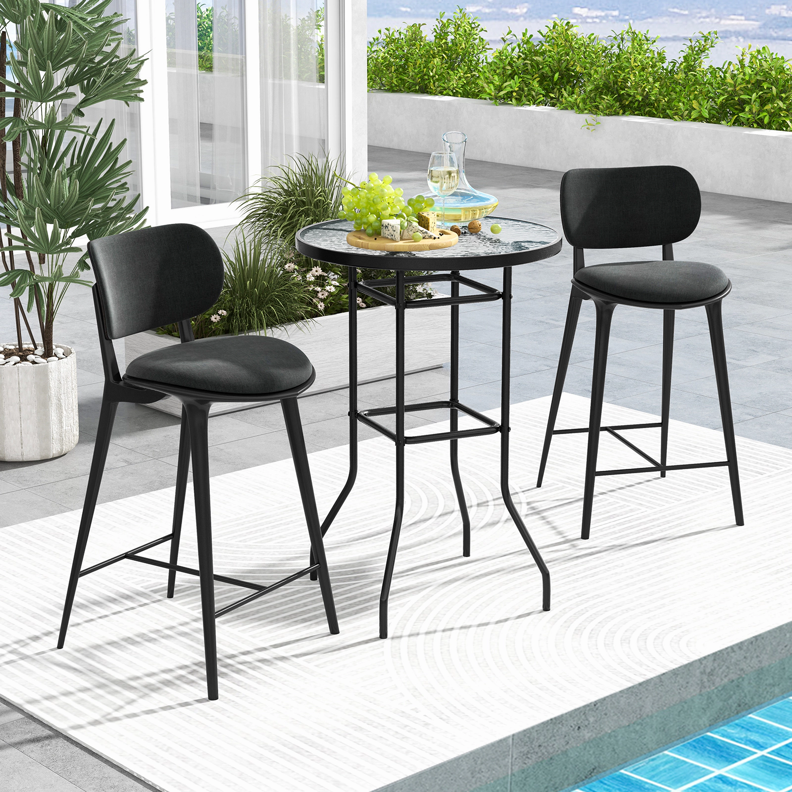 LJG 38 Inch Patio Bar Table with Tempered Glass Tabletop