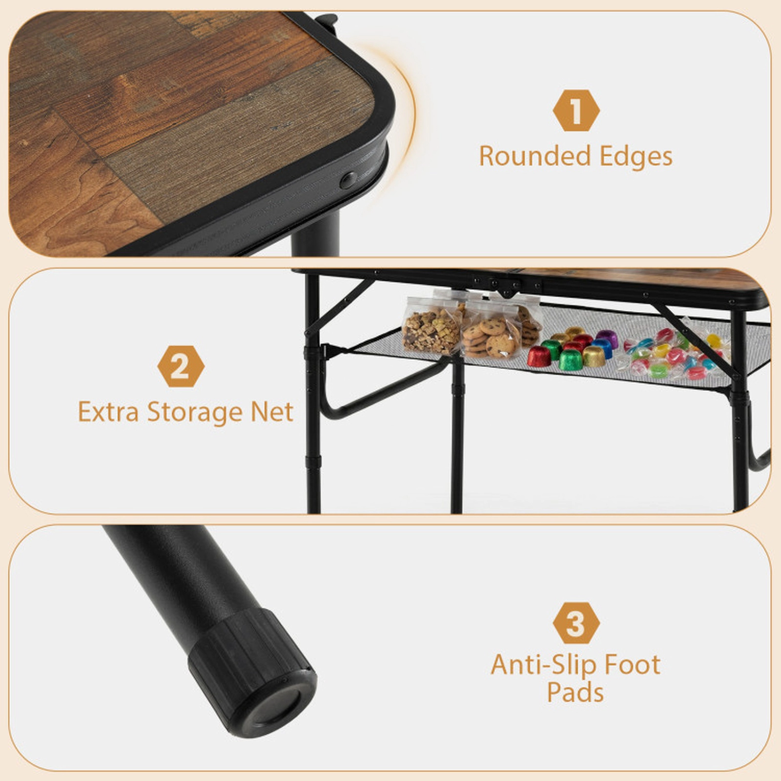SUGIFT Brown Folding Camping Table with Storage Net 37-in W 24-in D 16-in H to 28-in H 135-lb Tabletop Capacity