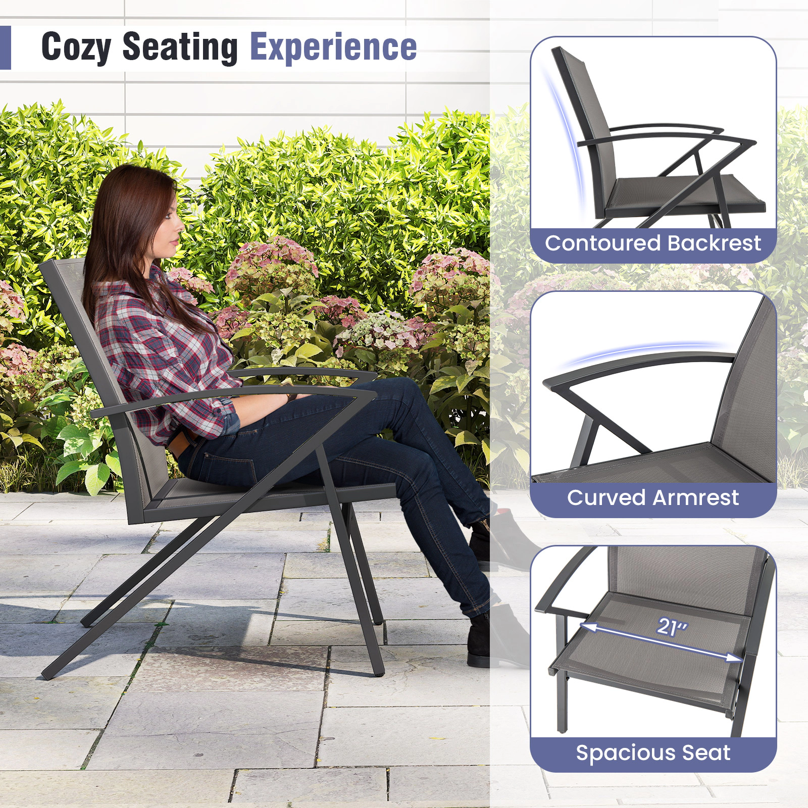 SUGIFT Breathable Quick-Drying Fabric Patio Lawn Chairs Set of 2 with Heavy Duty Metal Frame 350-lb Capacity Gray