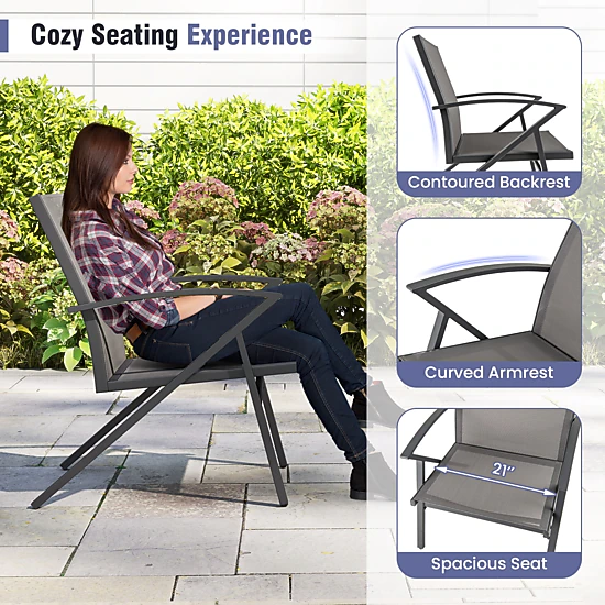 SUGIFT Breathable Quick-Drying Fabric Patio Lawn Chairs Set of 2 with Heavy Duty Metal Frame 350-lb Capacity Gray