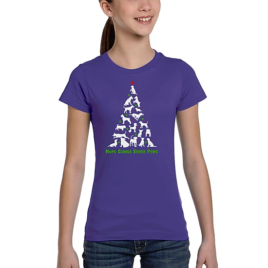 LA Pop Art Girls Word Art T-Shirt - Here Comes Santa Paws