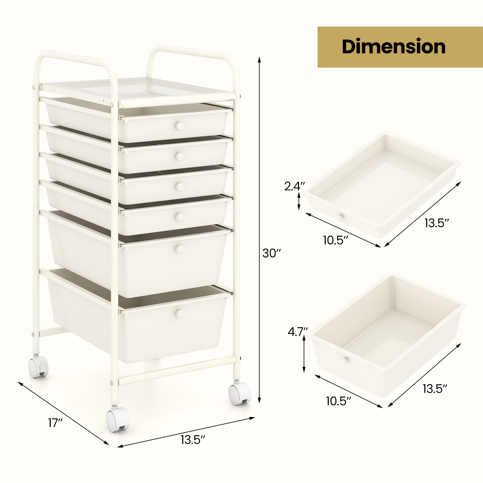 SUGIFT White 6-Drawer Rolling Storage Cart with Steel Frame and Braked Wheels 17-in W 13.5-in D 30-in H