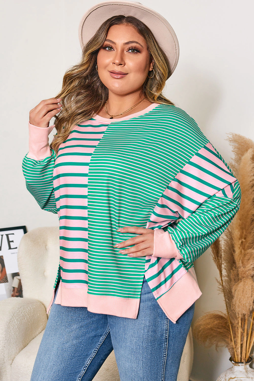 Threaded Pear Women's Green Stripe Color Block Exposed Seam Side Slit Plus Sweatshirt