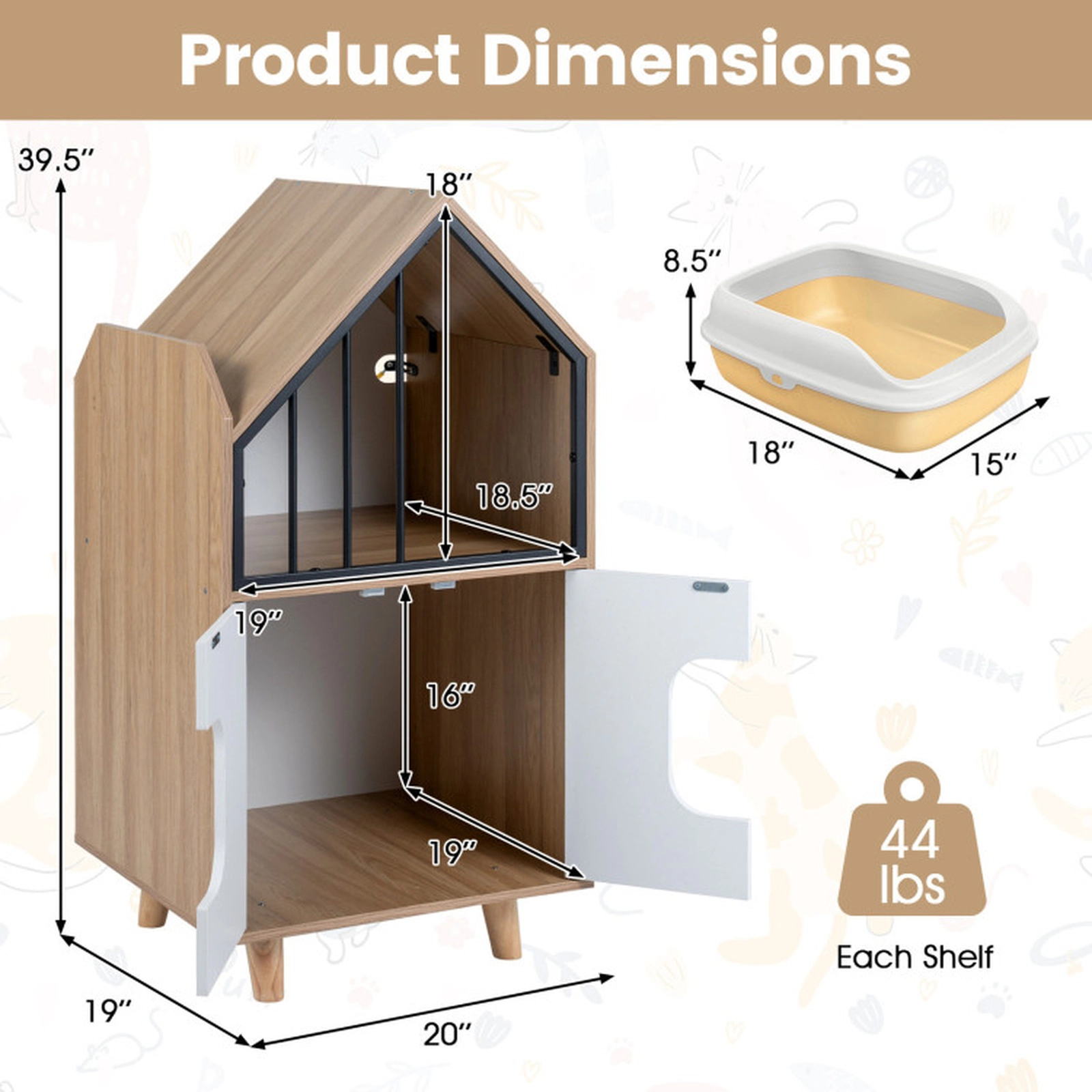 SUGIFT 20 x 39.5-in 44-lb Shelf Capacity Natural House-Shaped Tall Cat Litter Box Enclosure with Fence Window
