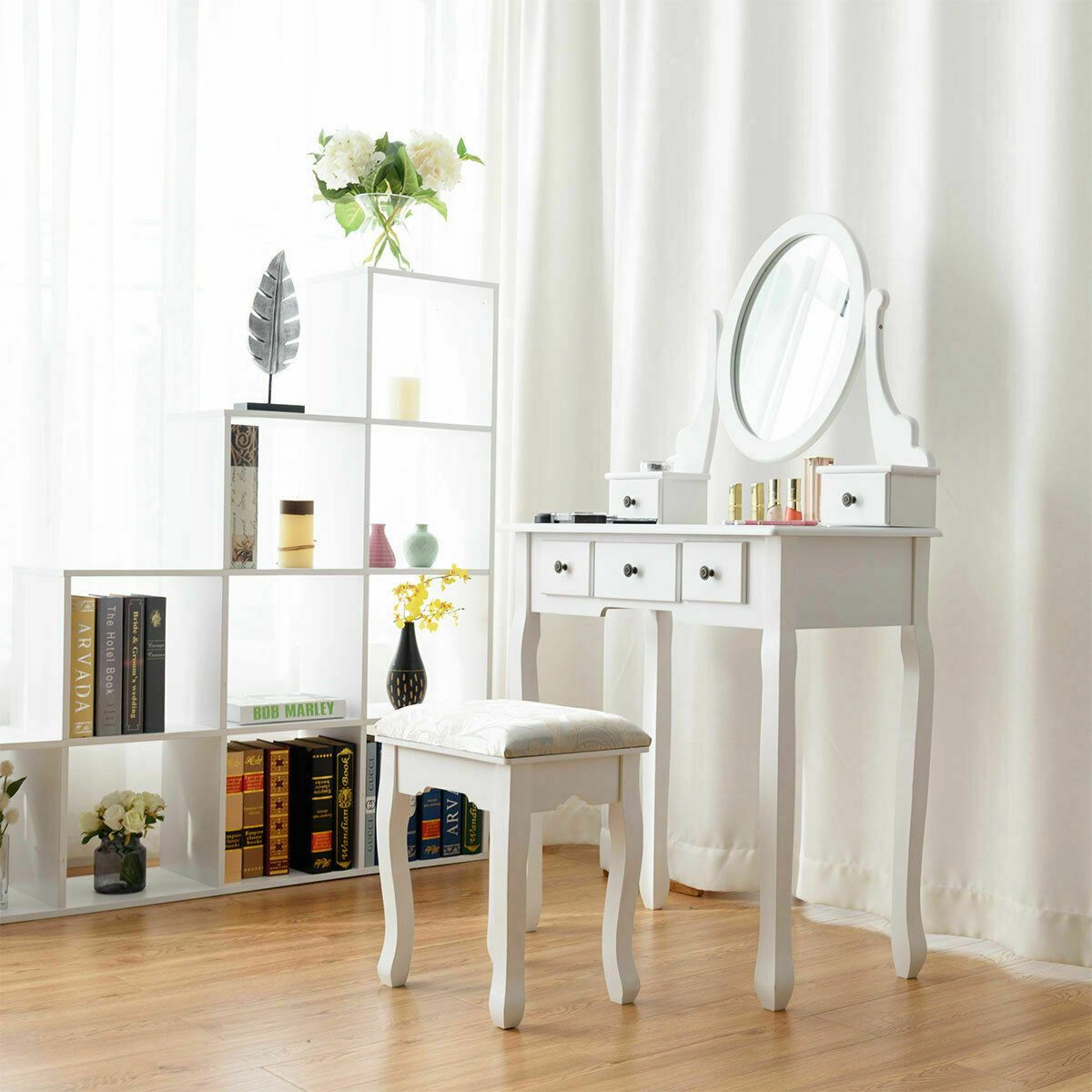 SlickBlue White Makeup Vanity Set with Mirror, 5 Drawers & Stool