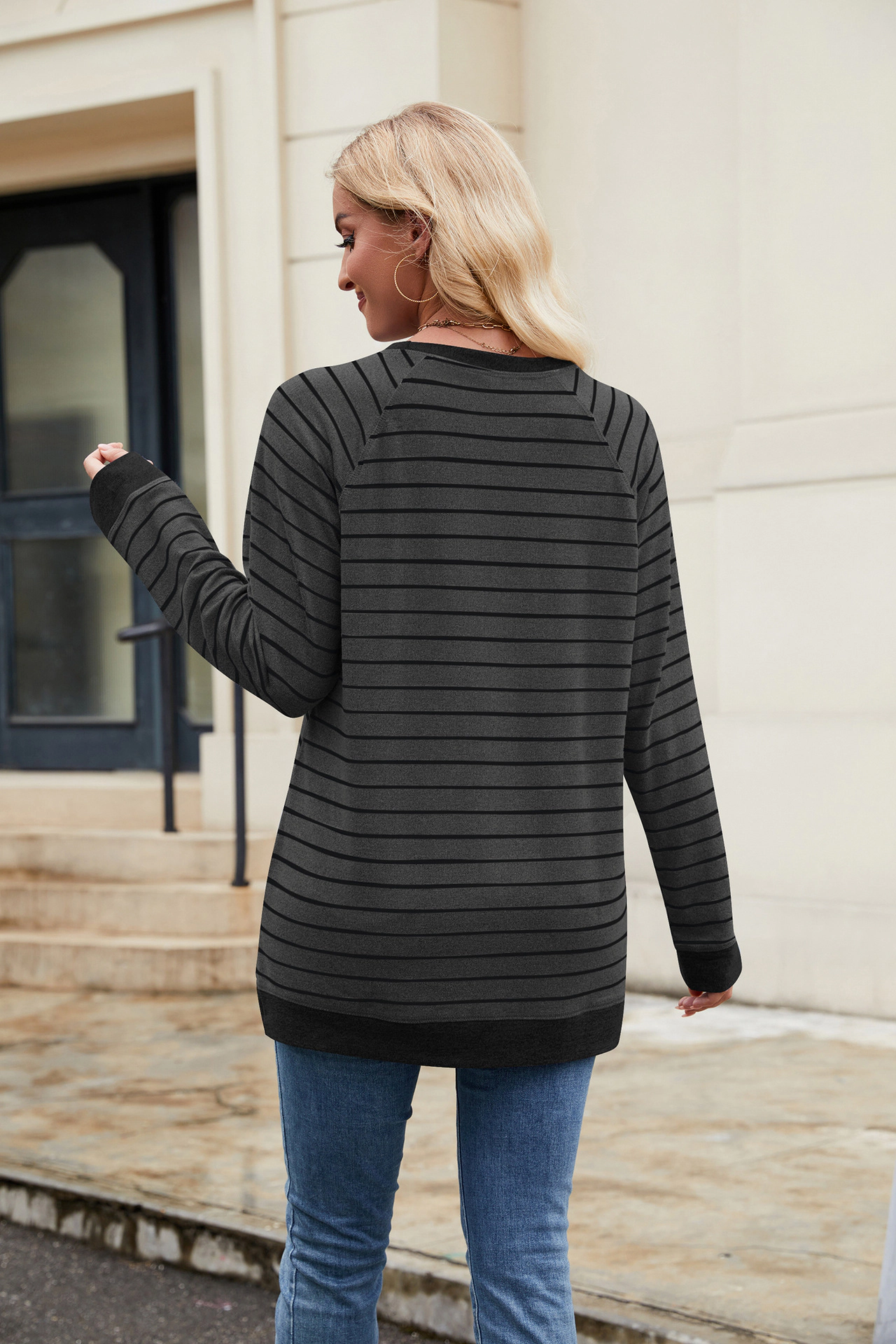 Enchanted Funland Womens Crew Neck Striped Raglan Contrast Cuff Long Sleeve Tops