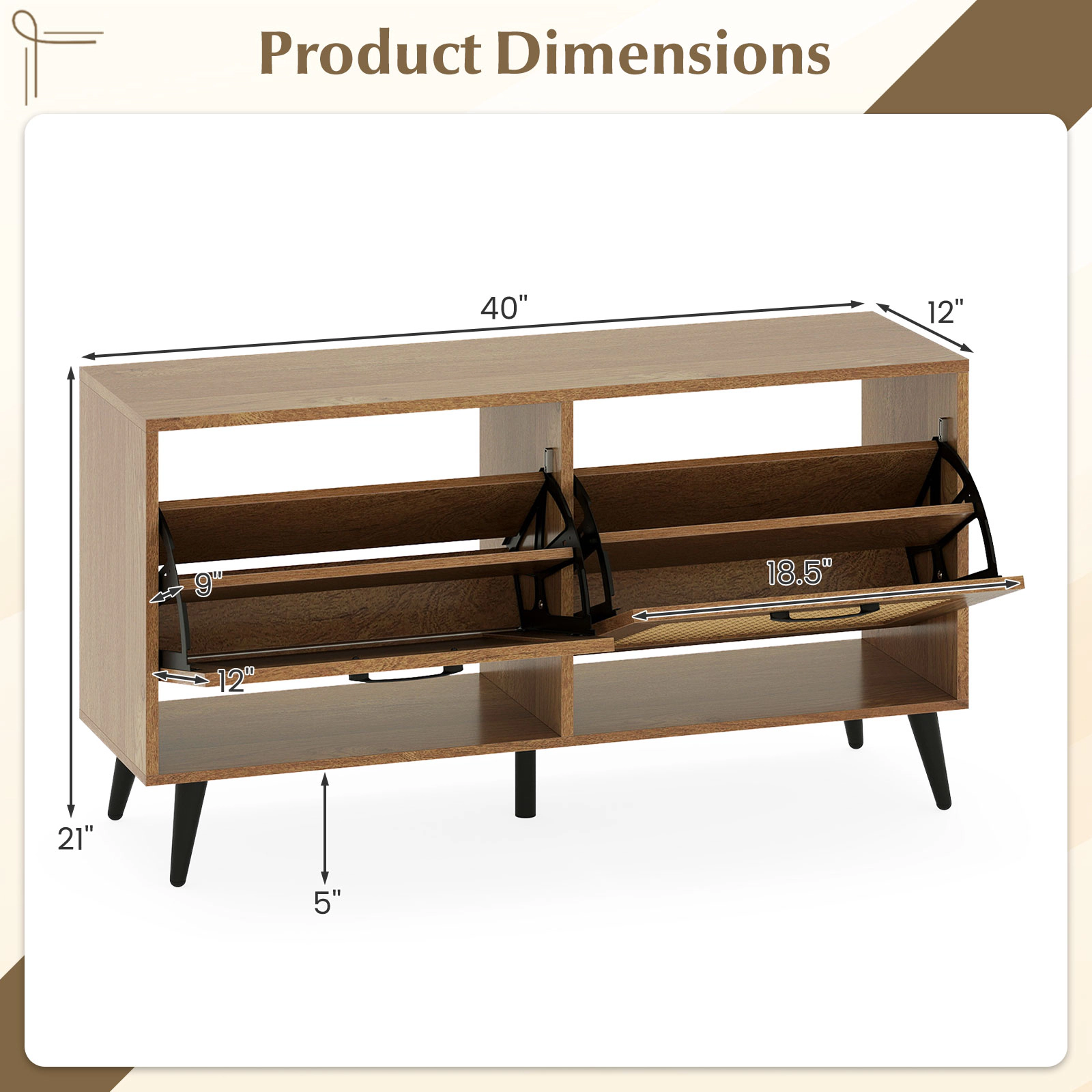 SUGIFT Freestanding Shoe Cabinet with 2 Flip Drawers and Adjustable Shelves 110-lb Top Capacity 33-lb Shelves Natural