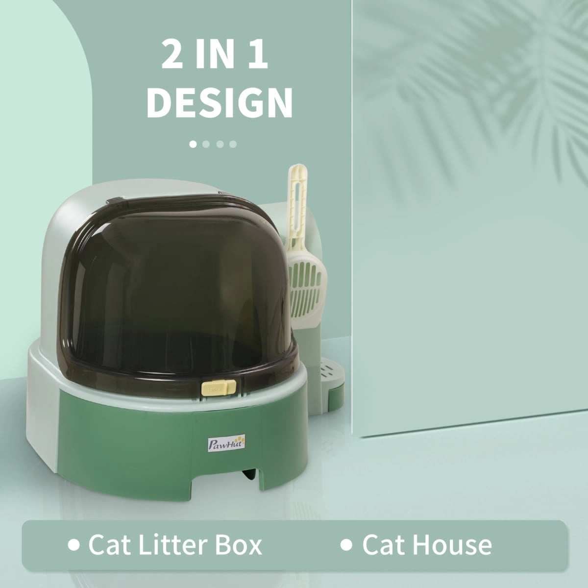 212 Main PawHut Covered Cat Litter Box with Lid, Easy-Clean Openable Front Cover & Litter Scoop, Green