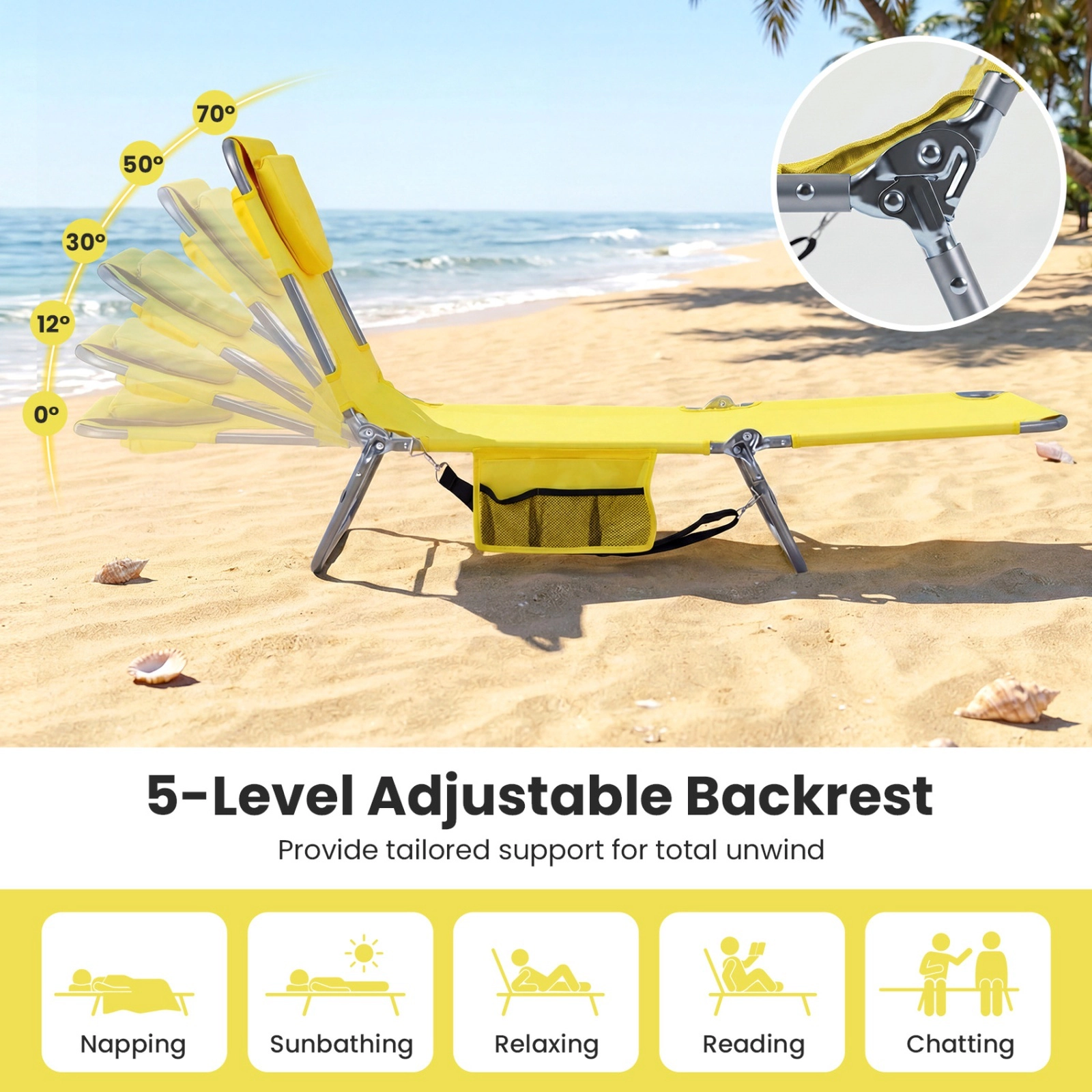 SUGIFT Folding Tanning Chair with Face and Arm Holes, 5-Position Backrest, Quick-Dry Yellow Fabric