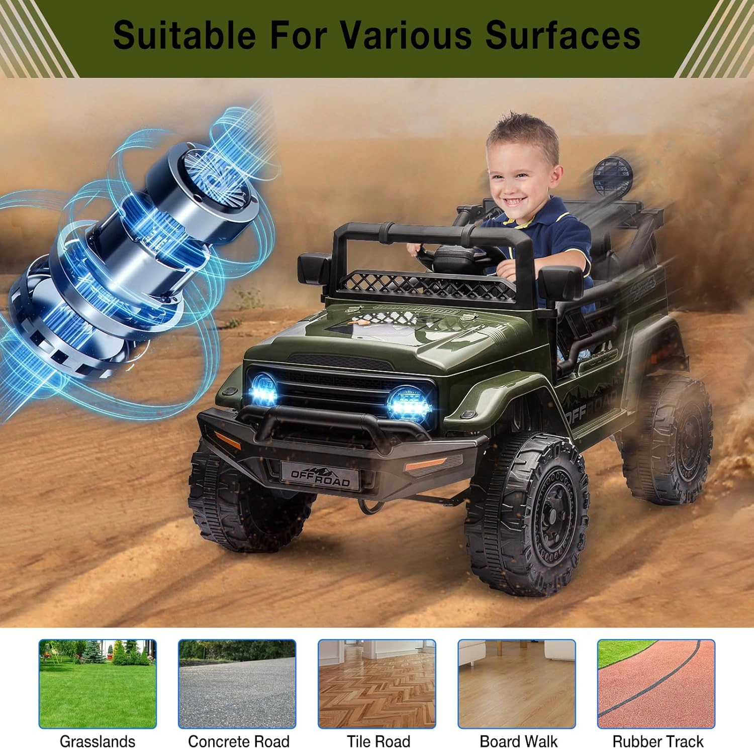 Enjyam 12V 2-Seater Kids Ride On Truck, Electric Car w/Parent Remote, LED Lights, Music, Off-Road Toy for Age 3-8
